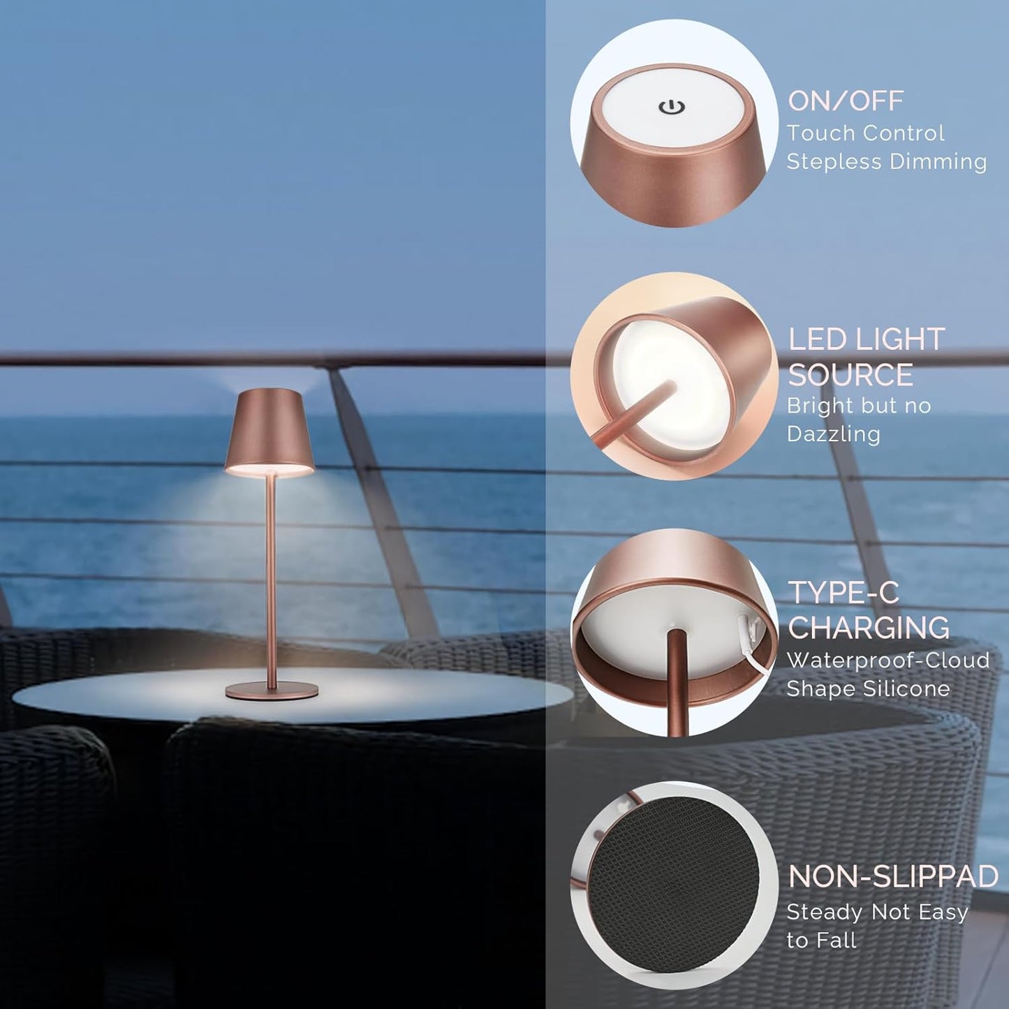 Maksone 2 Pack LED Cordless Table Lamp, 6600mWh Rechargeable Battery Desk Lamp, 3000K Stepless Dimming Night Light, IP54 Waterproof Metal Outdoor Portable Lamp for Camping, Restaurant(Brown)