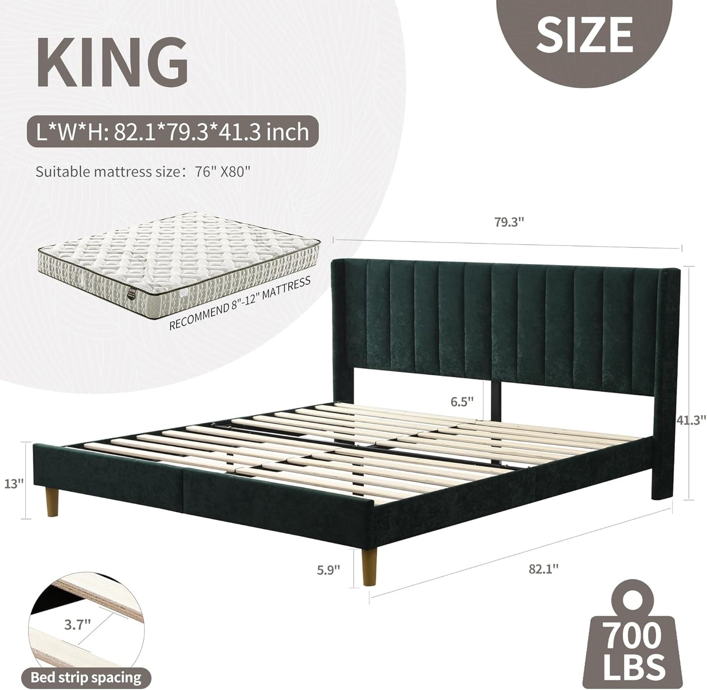 YUHUASHI upholstered Platform Bed Frame/King Bed Frame/Modern Geometric Double-Wing Design headboard/Velvet Fabric/Easy to Assemble no Noise (Ink Green, King (U.S. Standard))
