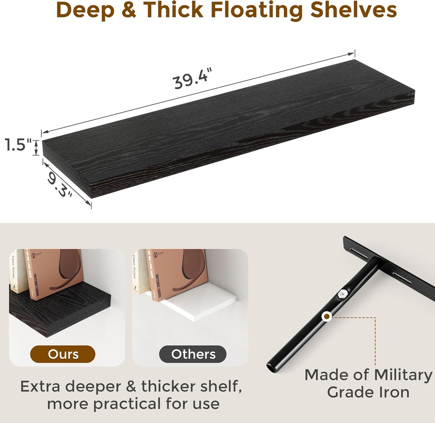 40 Inch Floating Shelves Black, 40" W x 9.3" D Floating Shelf Set of 2, Farmhouse Wood Wall Shelves for Bedroom, Kitchen, Wall Mounted Deep Shelving for Home Decor