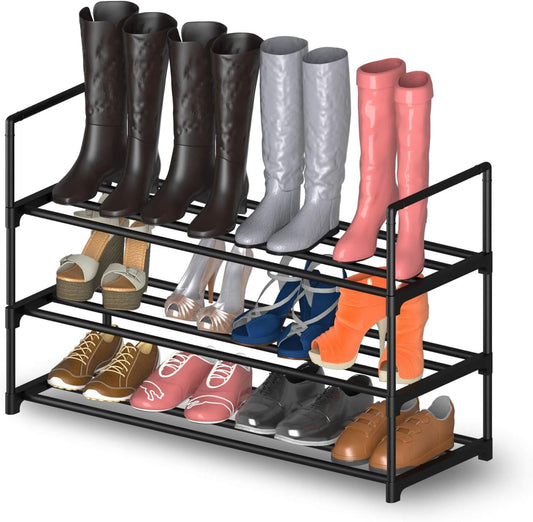 3 Tiers Metal Shoe Rack,Adjustable Shoe Shelf Storage Organizer,Stackable Boot & Shoe Storage,for Entryway,Hallway,Closet,Black