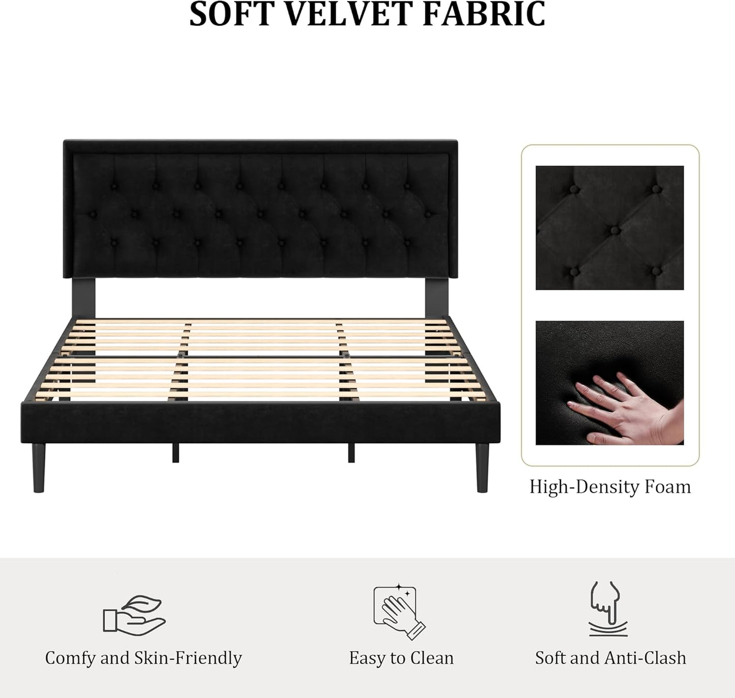King Size Platform Bed Frame with Upholstered Velvet Button Tufted Headboard, Mattress Foundation with Wooden Slat Support, No Box Spring Needed, Easy Assembly, Noise Free, Black.