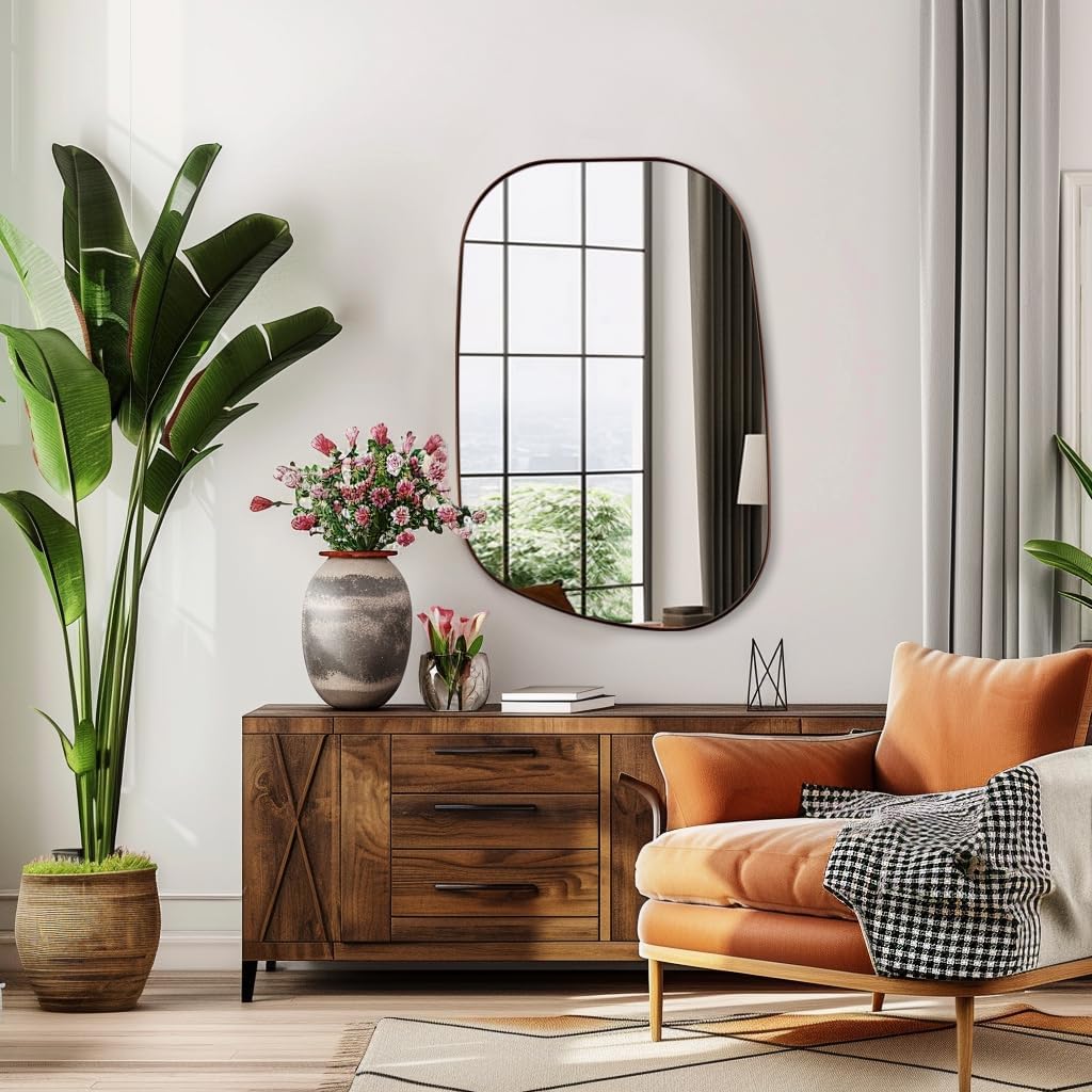 ANDY STAR Bronze Bathroom Mirror, 24"x36" Oil Bronze Asymmetrical Wall Mirror in Stainless Steel Metal Frame, Unique Vanity Mirror with Modern Curved Design, Ideal for Bathroom, Bedroom, Entryway