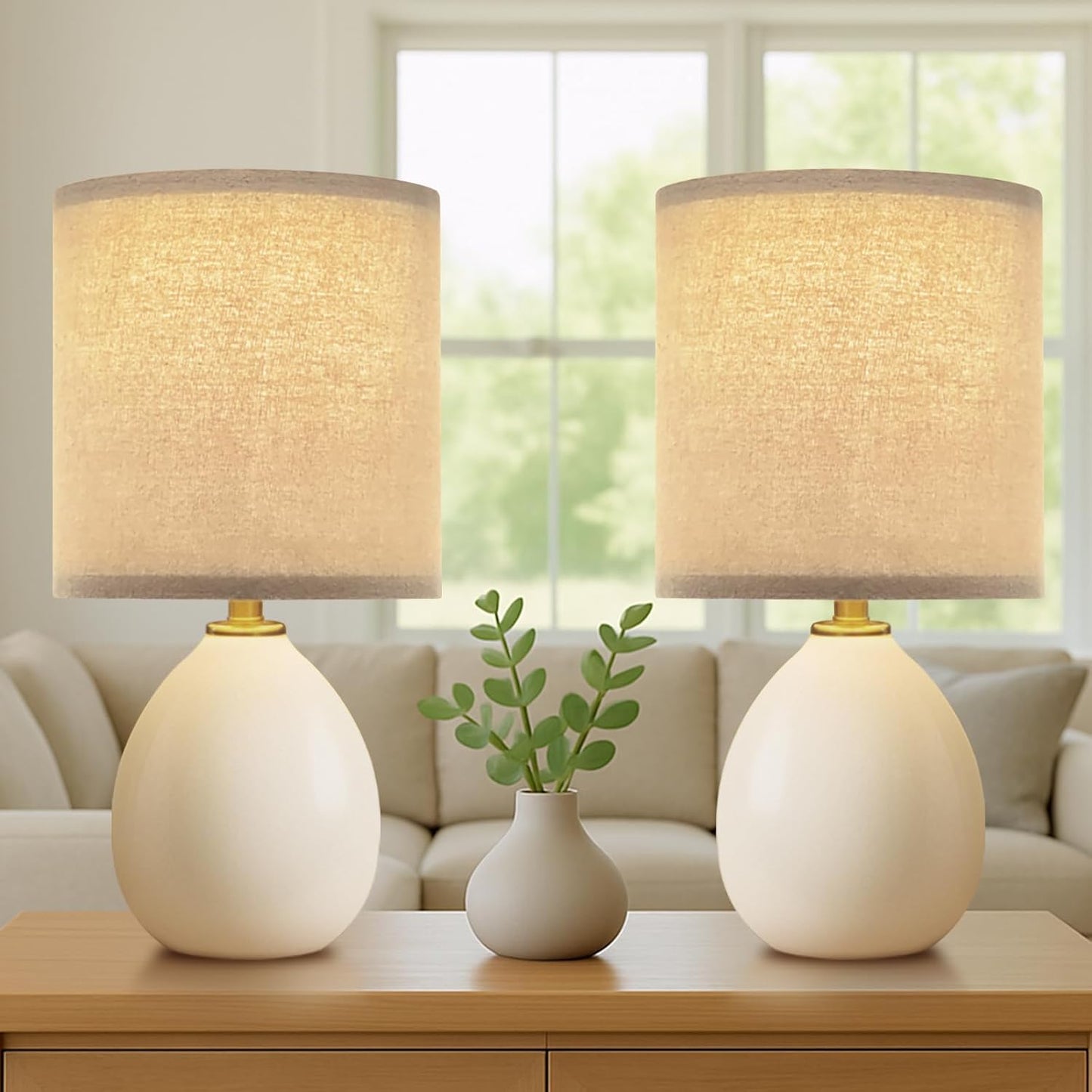 18.5" Table Lamp Set of 2 for Living Room Bedroom, Bedside Lamps for Night Stands, Desk Nightstand Lamp Dimmable, Modern Linen Cream Ceramic Lamps