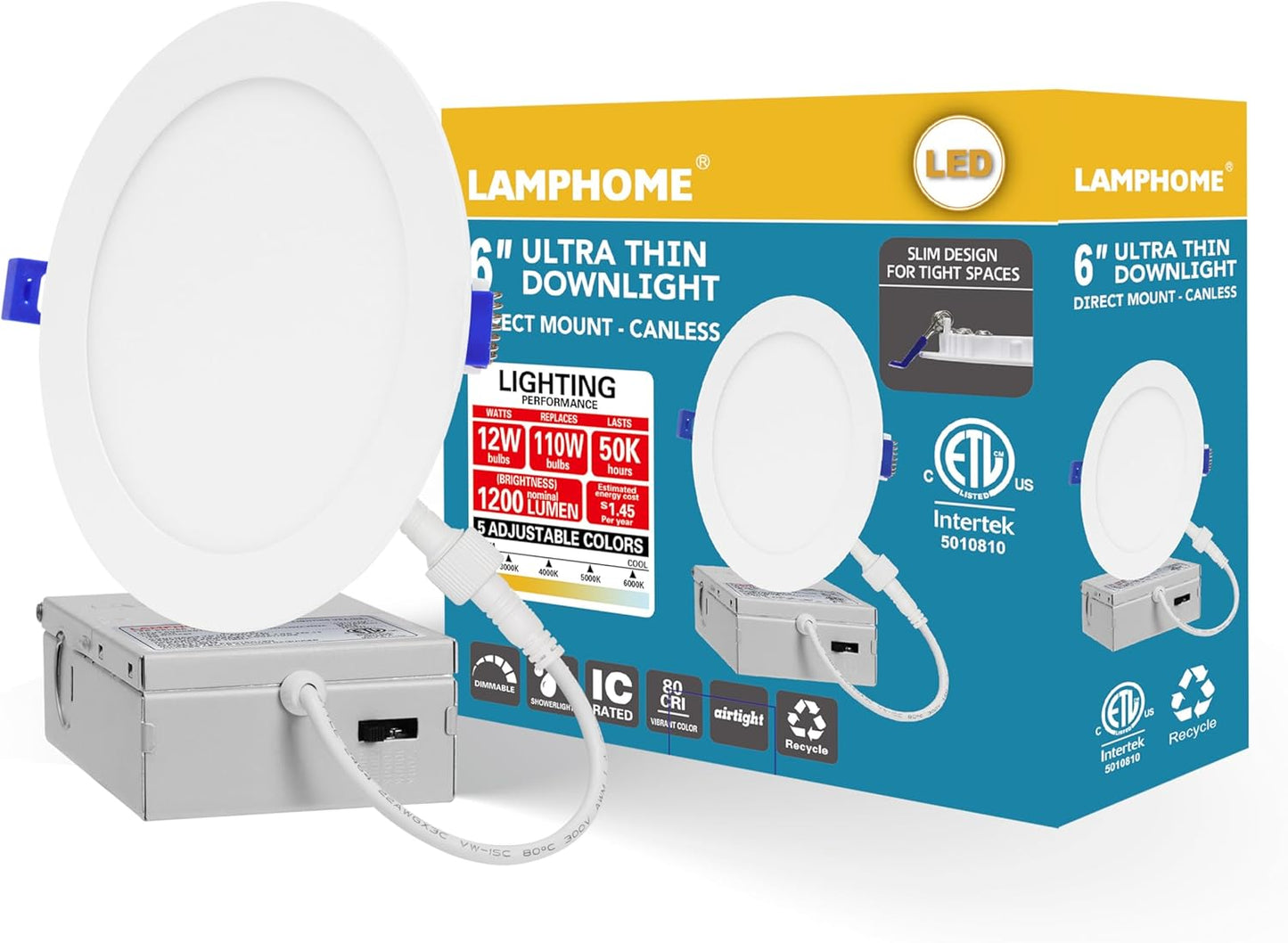 LAMPHOME 1-Pack of 6-Inch Slim LED Recessed Lights with Junction Box, Adjustable Color Temperatures (2700K-5000K), 12W Equivalent to 110W, Dimmable, 1050LM Brightness - ETL and Energy Star Certified