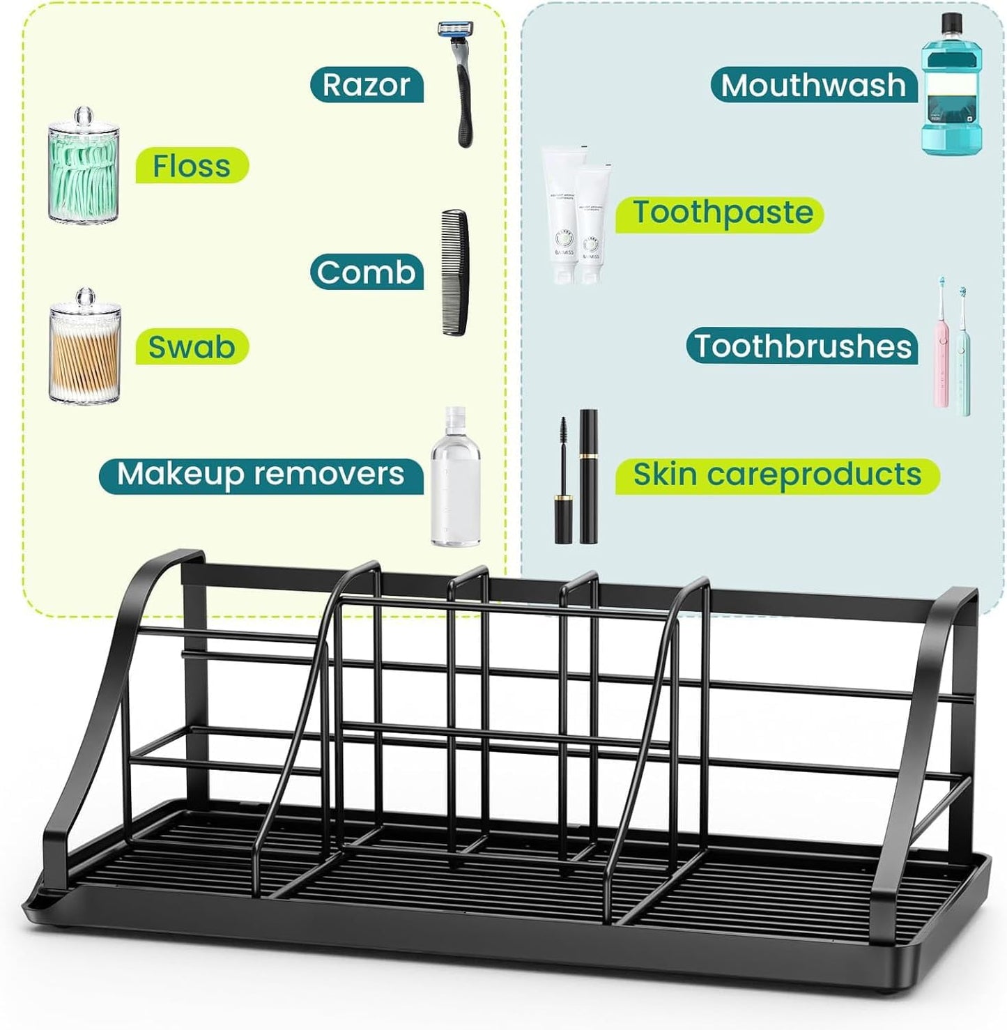 Bathroom Countertop Organizer - Detachable 7 Slots Kids Electric Black Toothbrush and Toothpaste Holder Drainage Tray for Bathroom Accessories Organization Counter Vanity Sink Storage