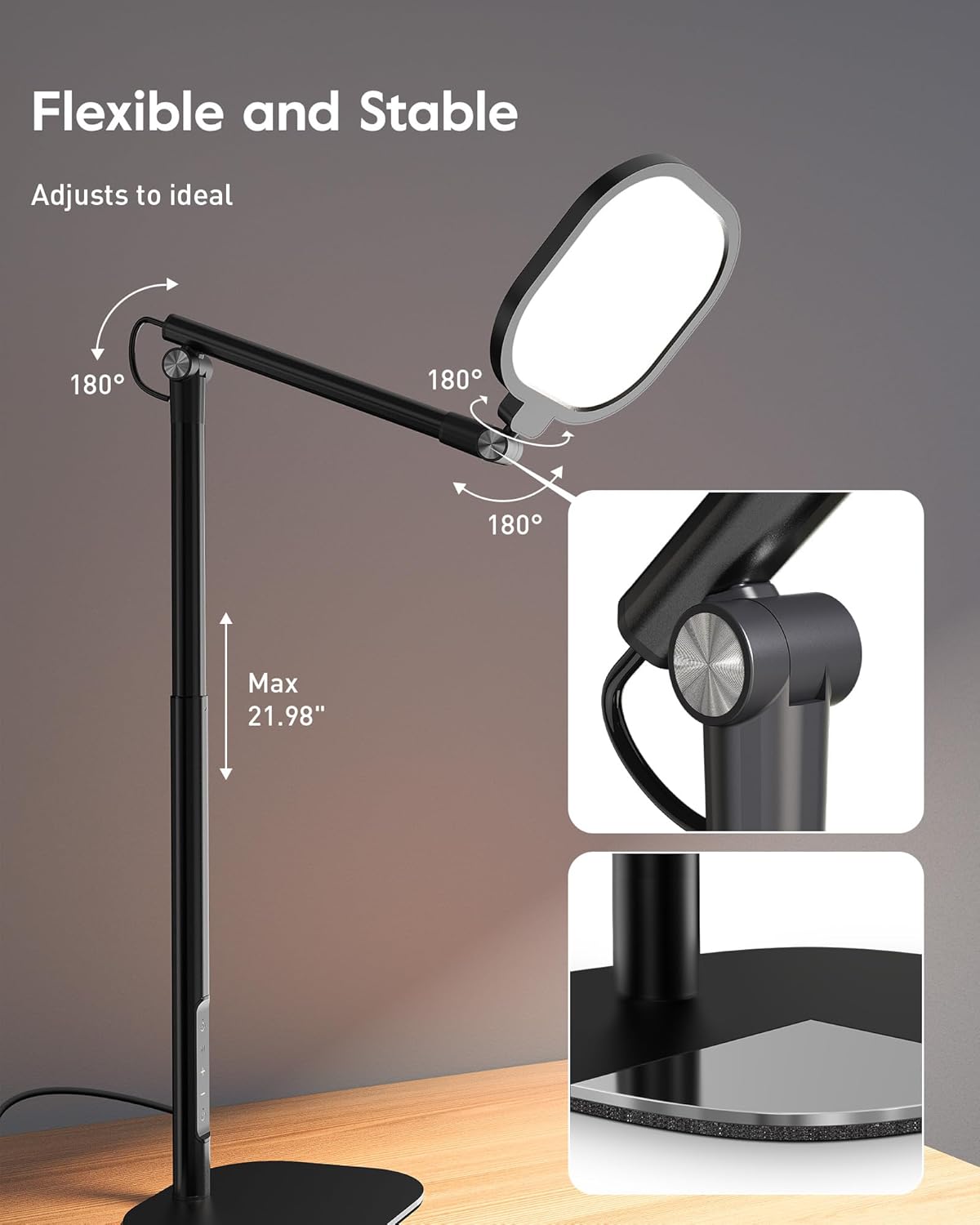 Led Desk Lamps for Home Office with Base, Tall Desk Lamp with 50 Light Modes & Memory and Timer Func Computer Light, Flexible Adjustable Table Lamps for Video Conference, Architect or Study(Black)