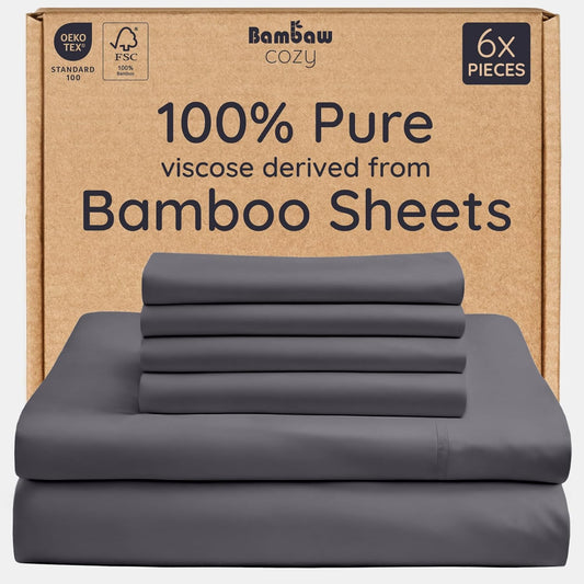 Bambaw 100% Viscose Derived from Bamboo Sheets King Size Set – 6pcs Set of Cooling Sheets for Hot Sleepers, Super Soft Bed Sheets King, Fits Up to 16'' Mattresses, Luxury Bedding Sets King (Charcoal)