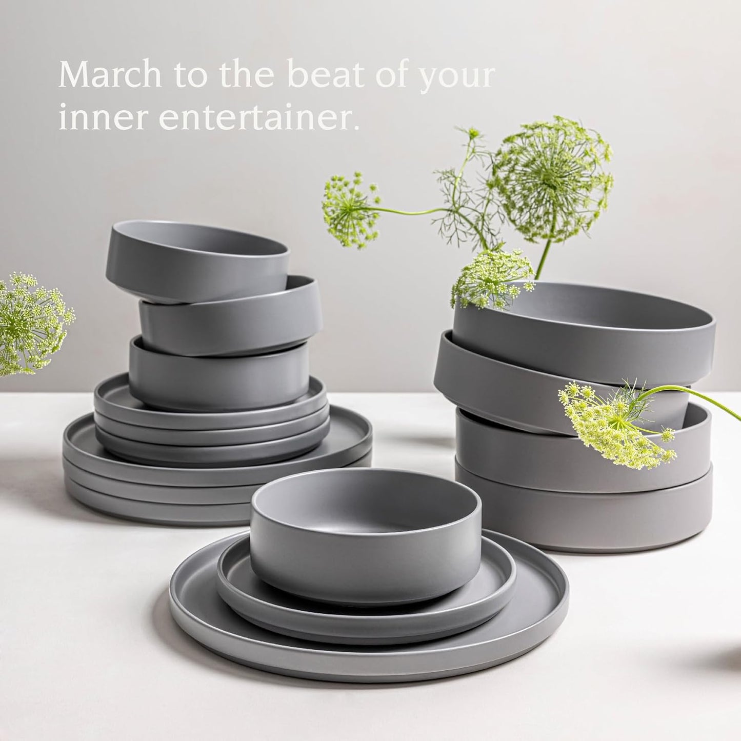 over&back 16-Piece Stackable Dinnerware Dish Set - Stoneware Dishes - Includes 4 Dinner Plates, 4 Salad Plates, 4 Cereal Bowls, and 4 Dinner Bowls - All-Occasion Place Settings - Semi-Matte Charcoal