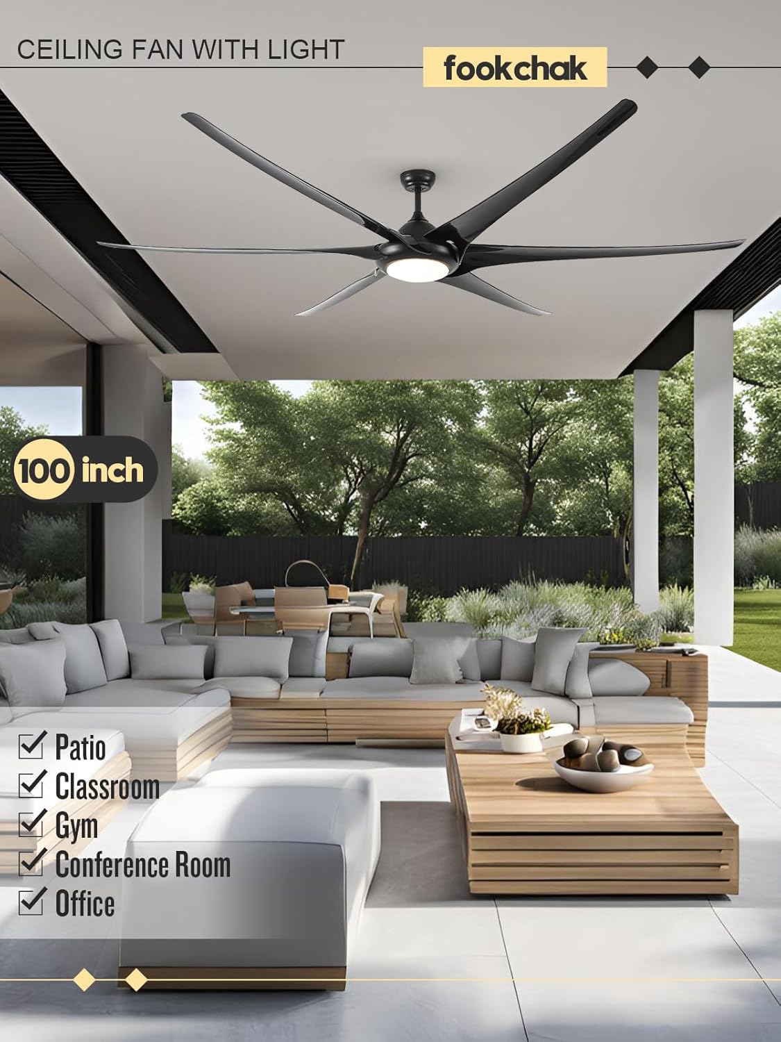 100in Black Large Ceiling Fan with Lights 6 Blade Outdoor Ceiling Fan Light for Patio Remote Control Ceiling Fans LED Light for Garage Gym Room Living Room Office Restaurant