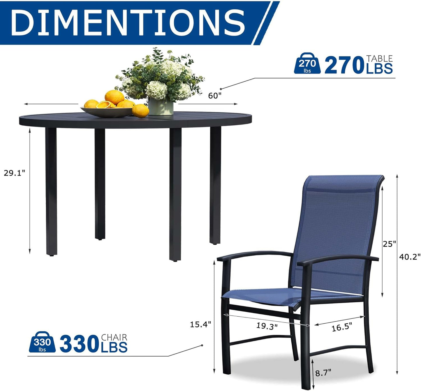 9 Piece Outdoor Dining Set, Patio Table and Chairs Set of 8, 60" Black Round Patio Table with 8 Blue Outdoor Patio Chairs for Lawn, Garden, Porch