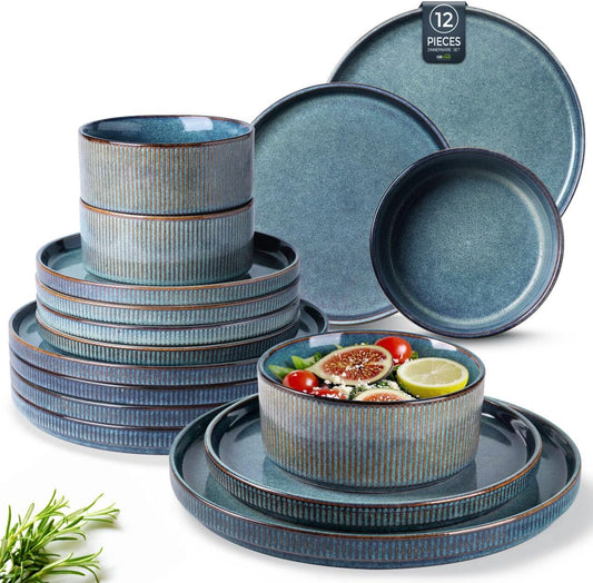 GBHOME Stoneware Dinnerware Sets for 4,Round Reactive Glaze Ceramic Plates and Bowls Set,Highly Scratch Resistant | Dishwasher & Microwave Safe Dishes Set,Service for 4(12Pcs)