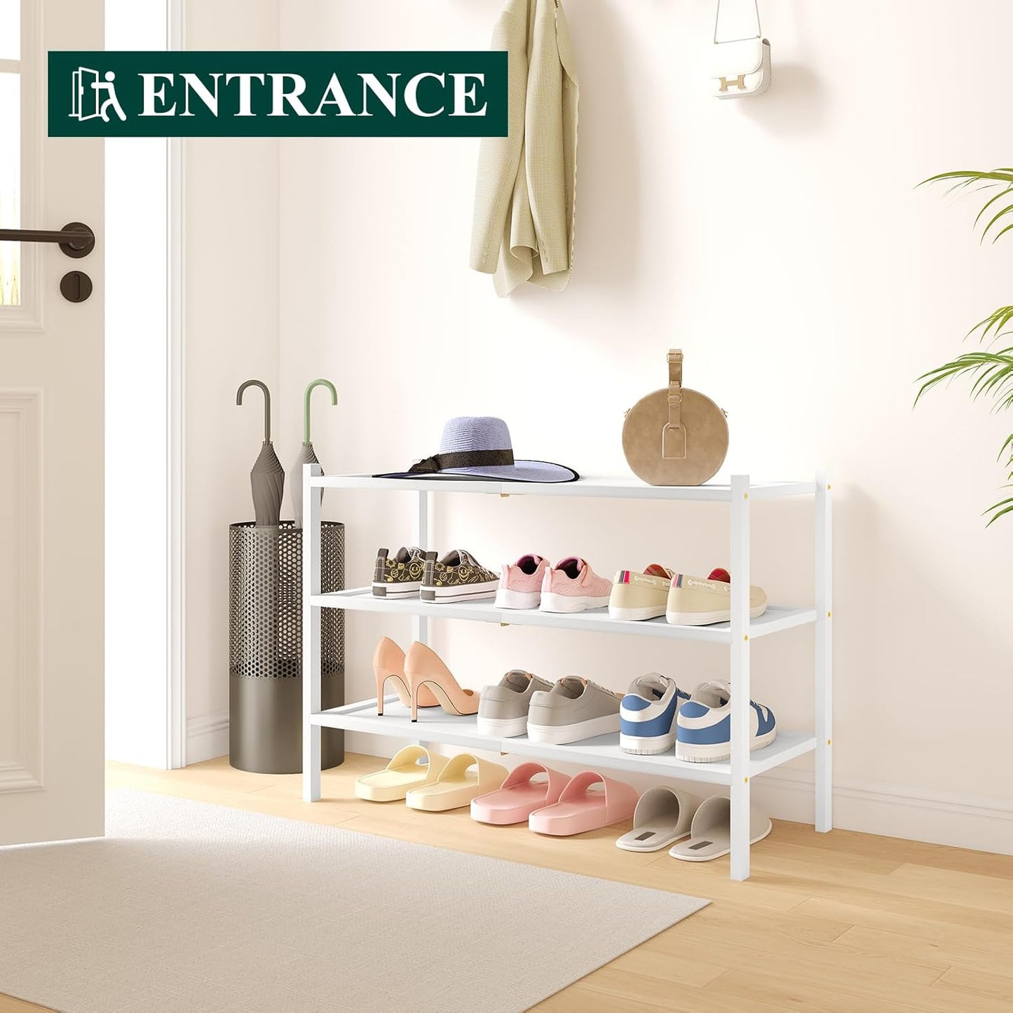 Smiry Bamboo Shoe Rack, 3 Tier Shoe Organizer for Entryway & Closet, Stackable Free Standing Storage Shelf for Shoes, Bags & Plants, White