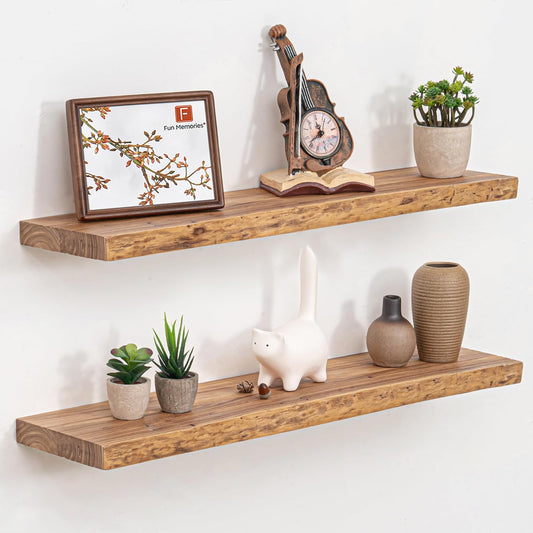 Fun Memories Floating Shelves for Wall Decor, Rustic Solid Elm Wood Live Edge Floating Shelves Wall Mounted, Heavy-Duty Shelf with Invisible Bracket for Living Room Kitchen, 32 Inch Set of 2, Natural