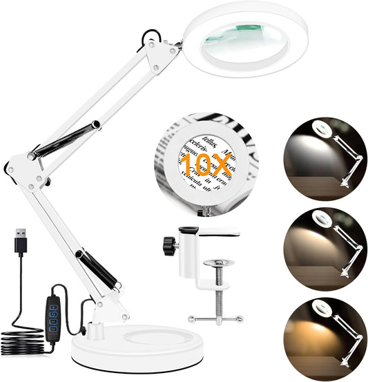 10X Magnifying Glass with Light and Stand, 2-in-1 LED Magnifier Desk Lamp, 3 Color Modes 10 Level Dimmable, Hands-Free Lighted Magnifier for Craft Repair Nail Reading Close Works (White, Base)