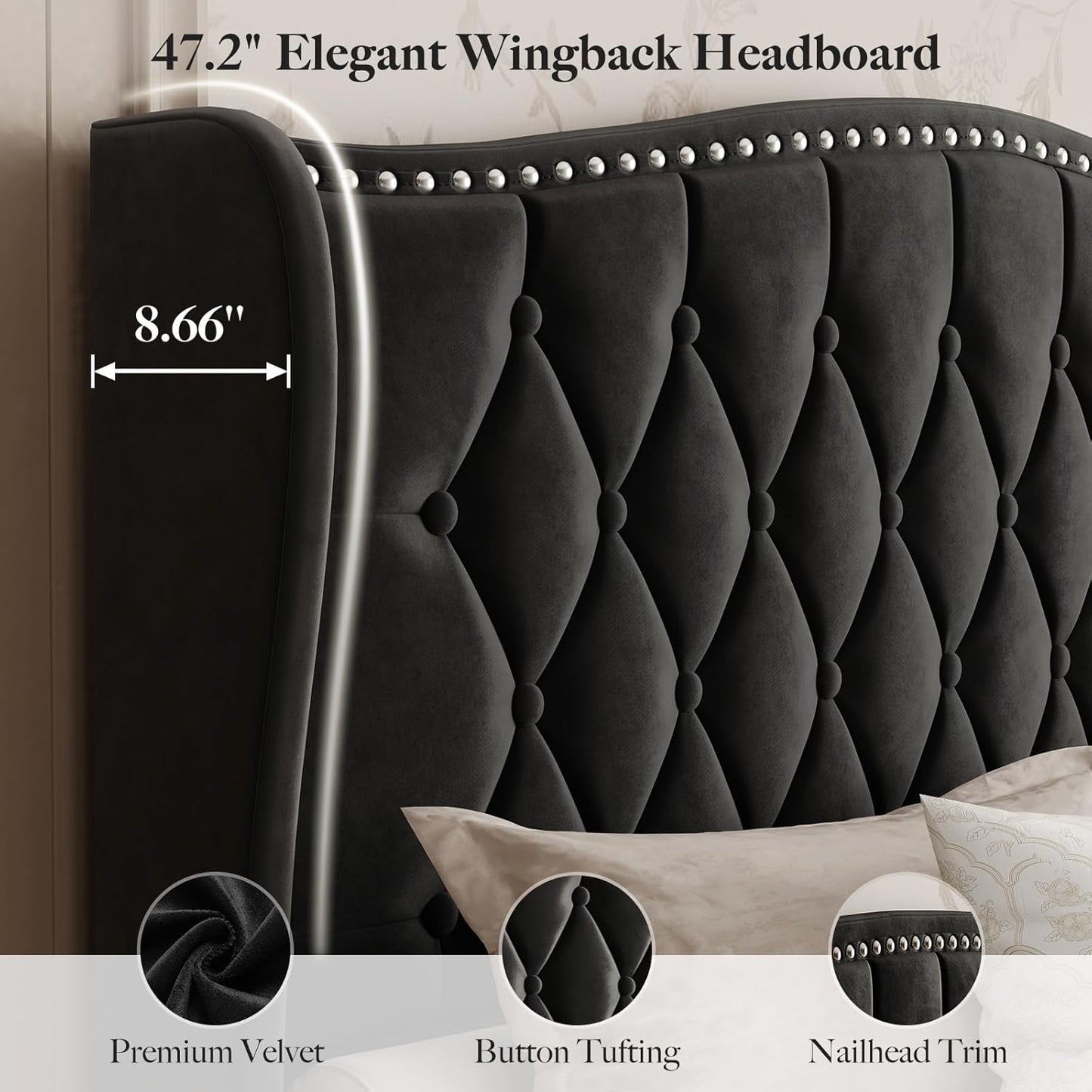 Belffin Full Size Bed Frame with Headboard, Luxury Upholstered Velvet Platform Bed with Wingback, Button Tufted & Nailhead Trim, Anti-Slide Tall Footboard, No Box Spring Needed, Noise-Free, Black