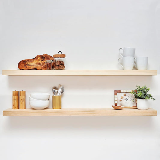 Homeforia 48 inch Natural Floating Shelf, High End Solid Real Wood 48inch Small Floating Shelves for Wall Mounted, Natural Wooden Floating Shelves, Heavy Duty Bracket, 48 X 6.5 X 1.75 in, Set of 3