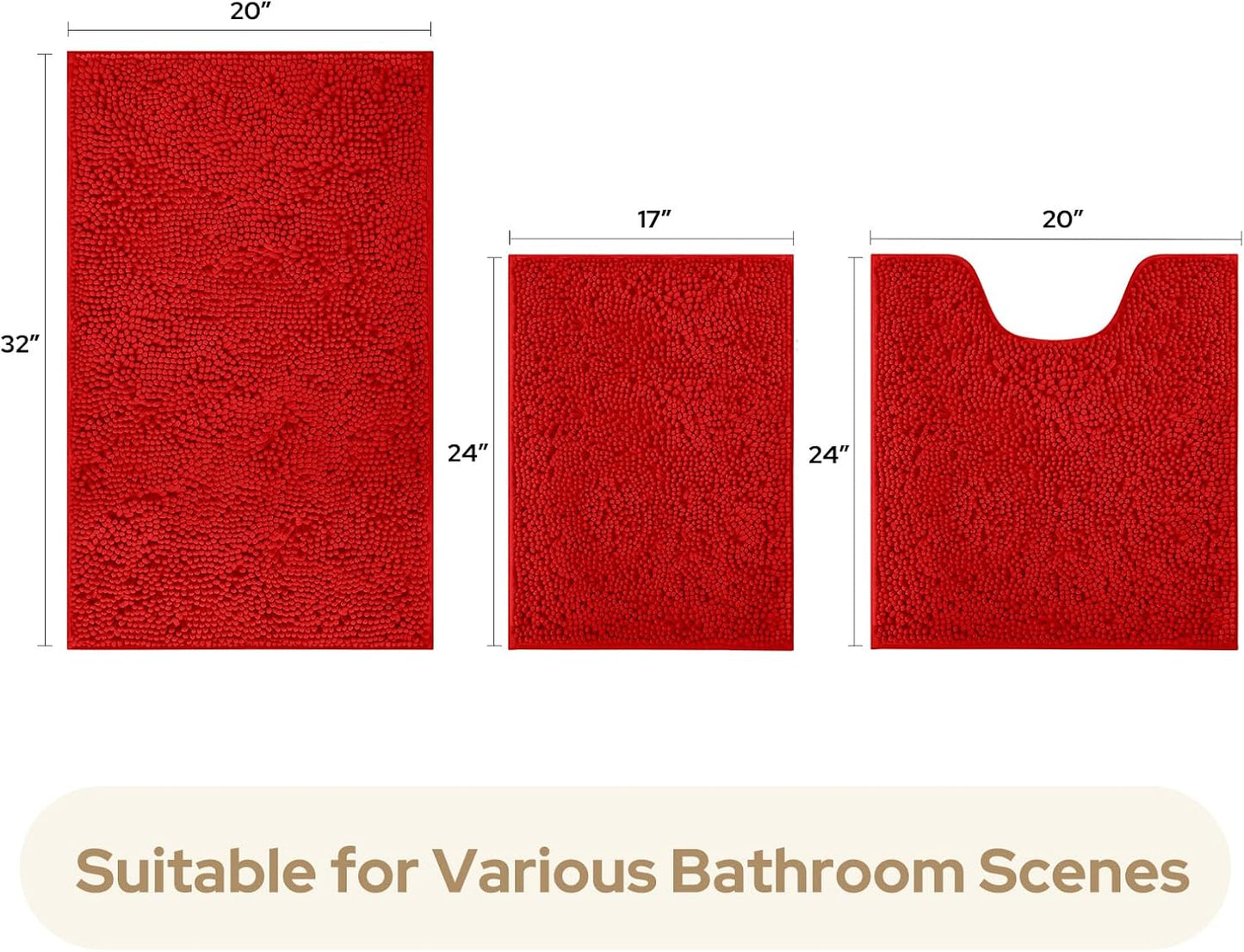 HOMEIDEAS 3 Pieces Bathroom Rugs, Ultra Soft Non Slip Absorbent Chenille Toilet Bath Mat Set (Red,17"x24"+20"x32"+U Shape 20"x24")