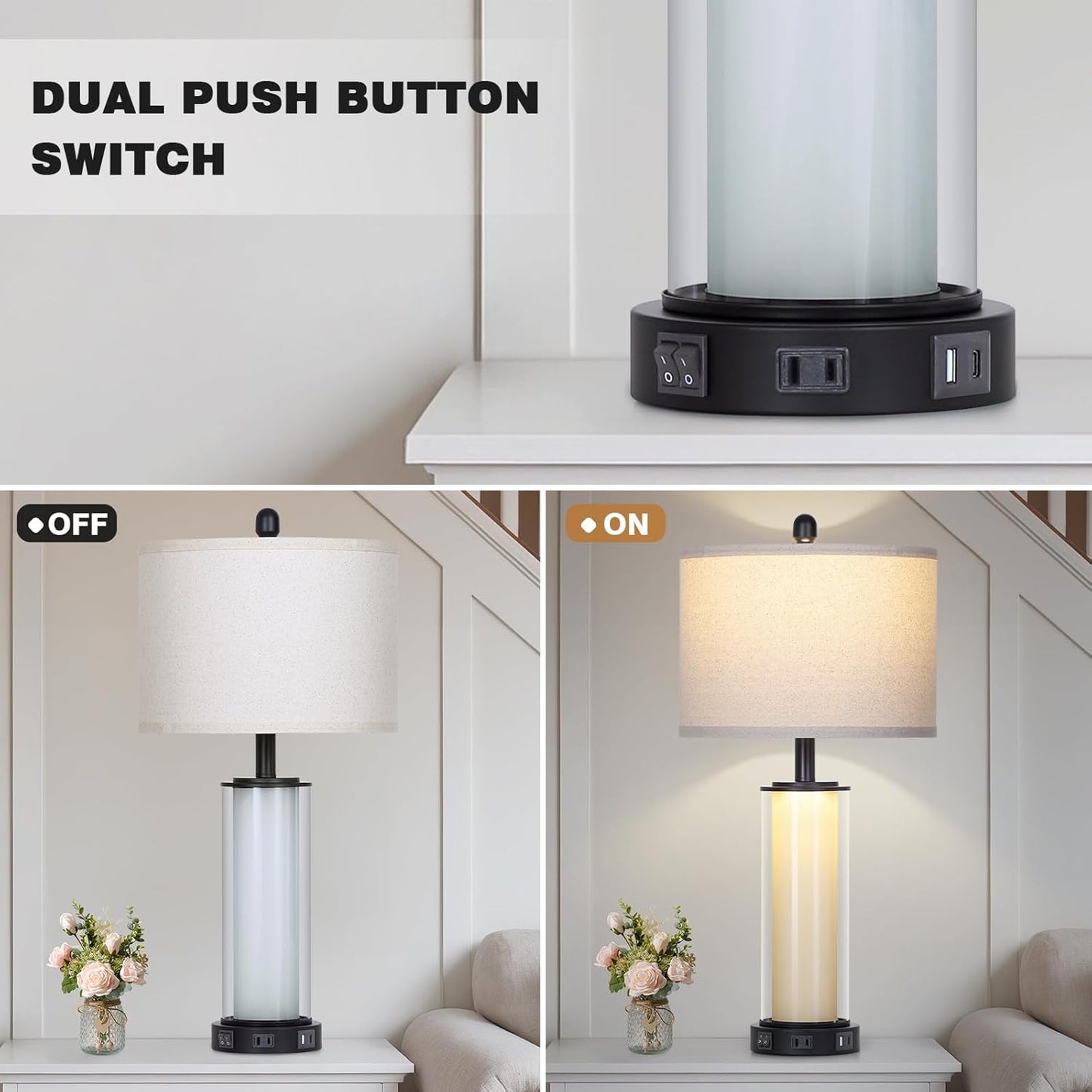 Black Glass Table Lamps Set of 2, 26" Living Room Lamp with Built-in Frosted Glass Night Light, Modern Bedroom Lamp with USB C+A Ports & AC Outlet, Bedside Lamps for Nightstand (4 Bulbs Included)