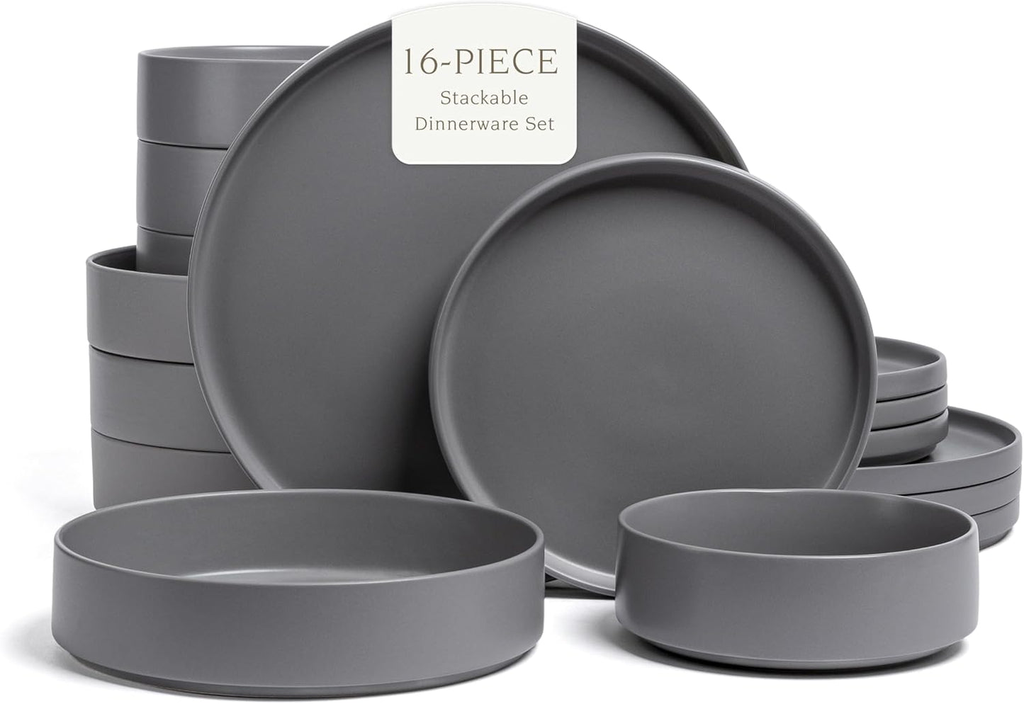 over&back 16-Piece Stackable Dinnerware Dish Set - Stoneware Dishes - Includes 4 Dinner Plates, 4 Salad Plates, 4 Cereal Bowls, and 4 Dinner Bowls - All-Occasion Place Settings - Semi-Matte Charcoal