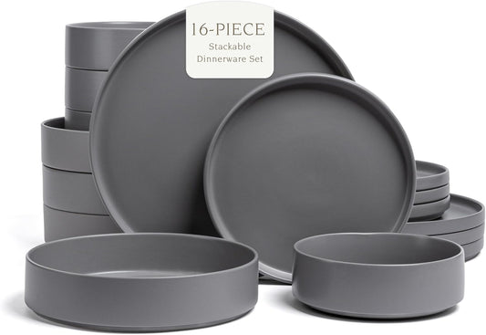 over&back 16-Piece Stackable Dinnerware Dish Set - Stoneware Dishes - Includes 4 Dinner Plates, 4 Salad Plates, 4 Cereal Bowls, and 4 Dinner Bowls - All-Occasion Place Settings - Semi-Matte Charcoal