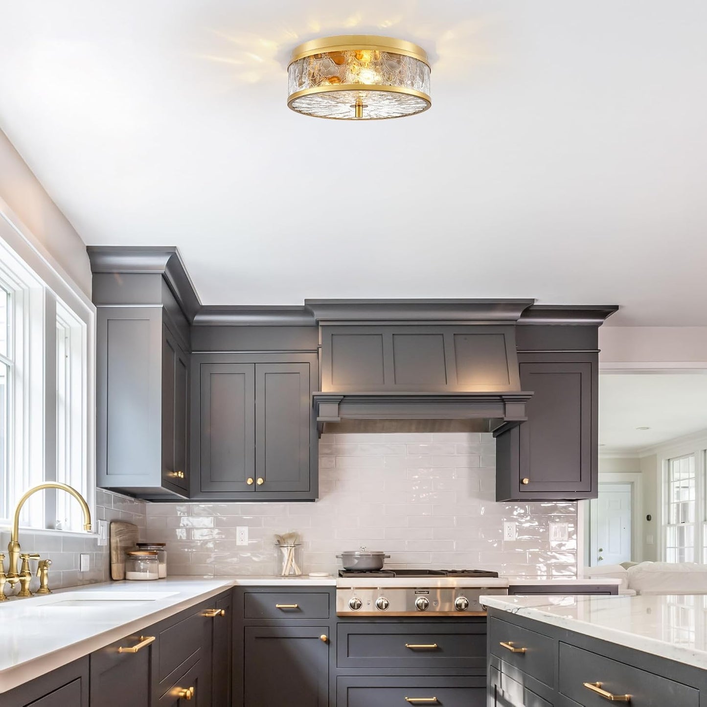 LamQee 12 Inch Flush Mount Ceiling Light with Crackled Glass Shade, 2-Lights Modern Farmhouse Close To Ceiling Lighting Fixture for Hallway Kitchen Bedroom Bathroom Foyer Entryway, Brushed Gold Finish