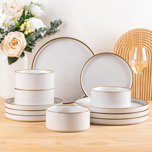 LERATIO Ceramic Dinnerware Sets for 4,Matte Stoneware Plates and Bowls Set, Chip and Crack Resistant | Oven & Dishwasher & Microwave Safe Dishes Set, Service for 4-Dusted Gold Rim