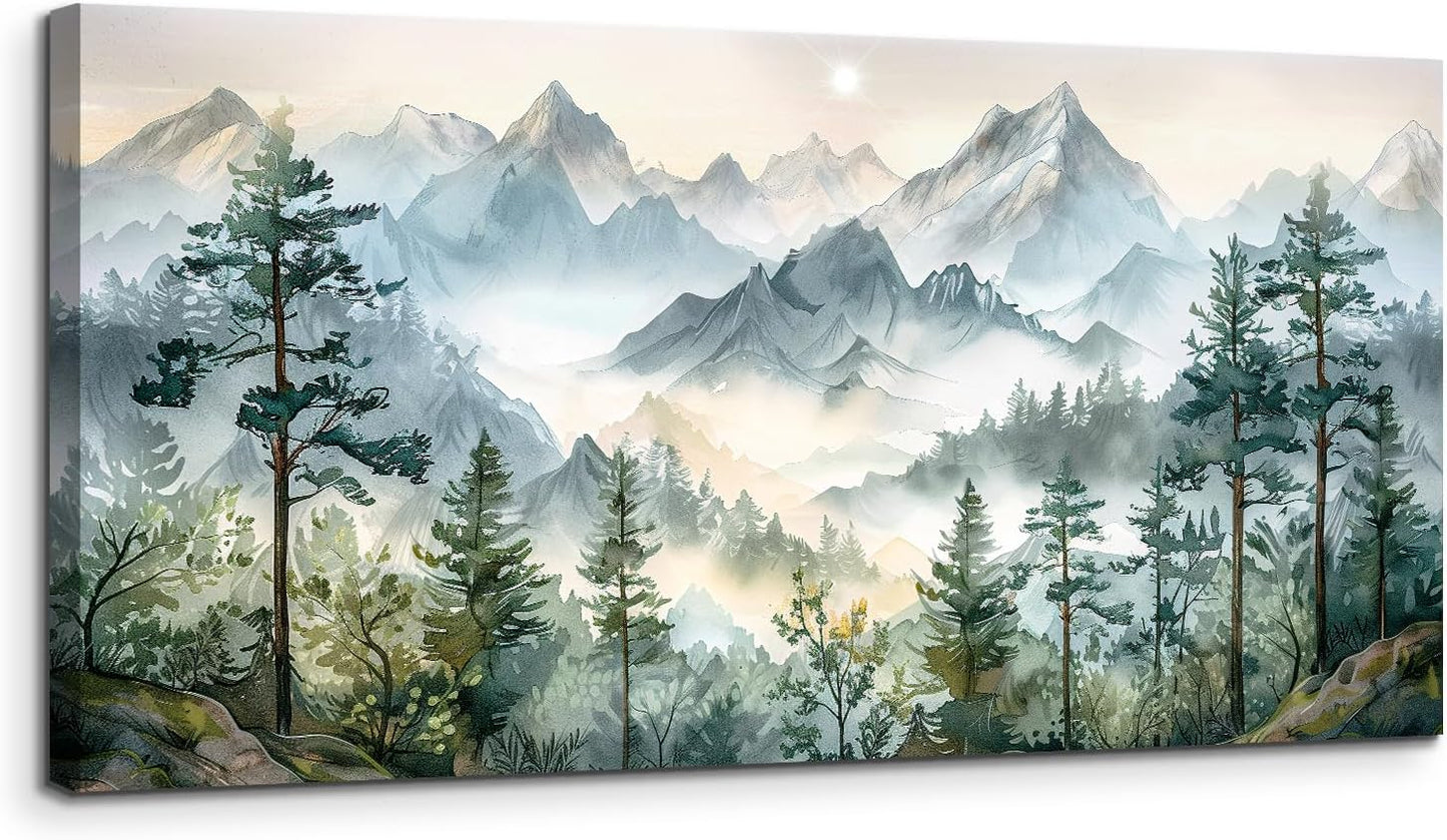 SERIMINO Large Canvas Wall Art for Living Room, Mountain Forest Landscape Canvas Prints Paintings, Nature Scenery Wall Decor, Green Modern Home Bedroom Bathroom Pictures Home Decor 24"X48"