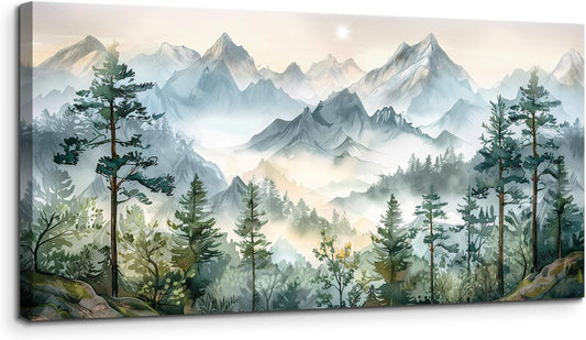 SERIMINO Large Canvas Wall Art for Living Room, Mountain Forest Landscape Canvas Prints Paintings, Nature Scenery Wall Decor, Green Modern Home Bedroom Bathroom Pictures Home Decor 24"X48"