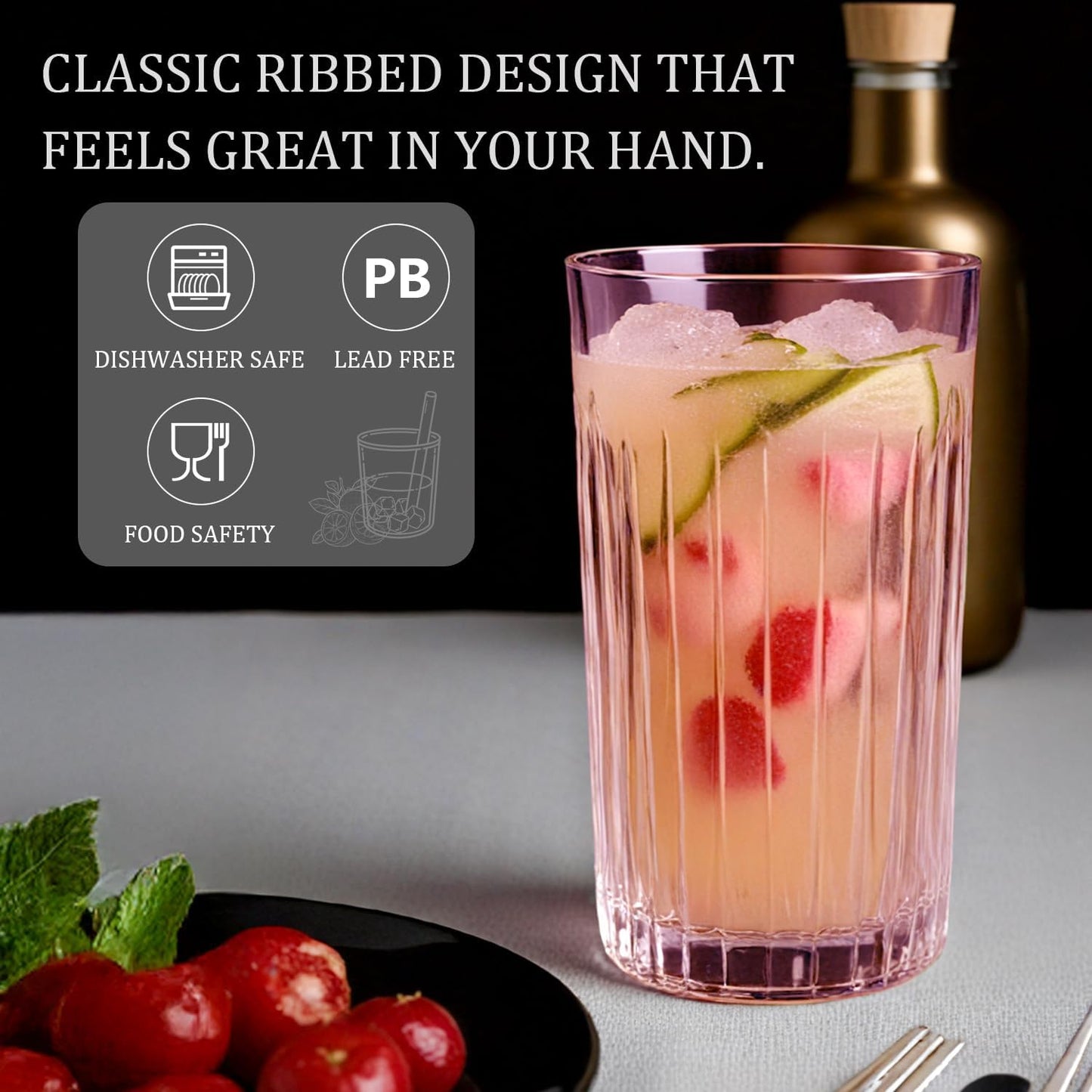 Laerjin Drinking Glasses Set of 8, 12 oz Highball Glasses & 10 oz Cocktail Glasses Set, Glassware Drinking Glasses, Glassware Sets for Cocktail, Beer, Wine, Whiskey, Water & Juice Drinkware(Pink)