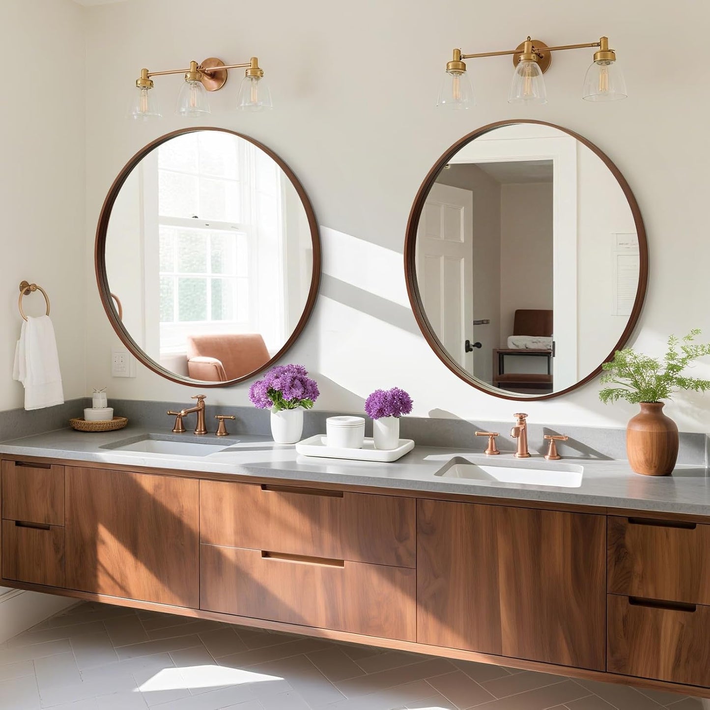 WallBeyond Round Wood Mirror, 36" Round Modern Decoration Large Circle Wall Mirror for Bathroom Living Room Bedroom Entryway, Walnut