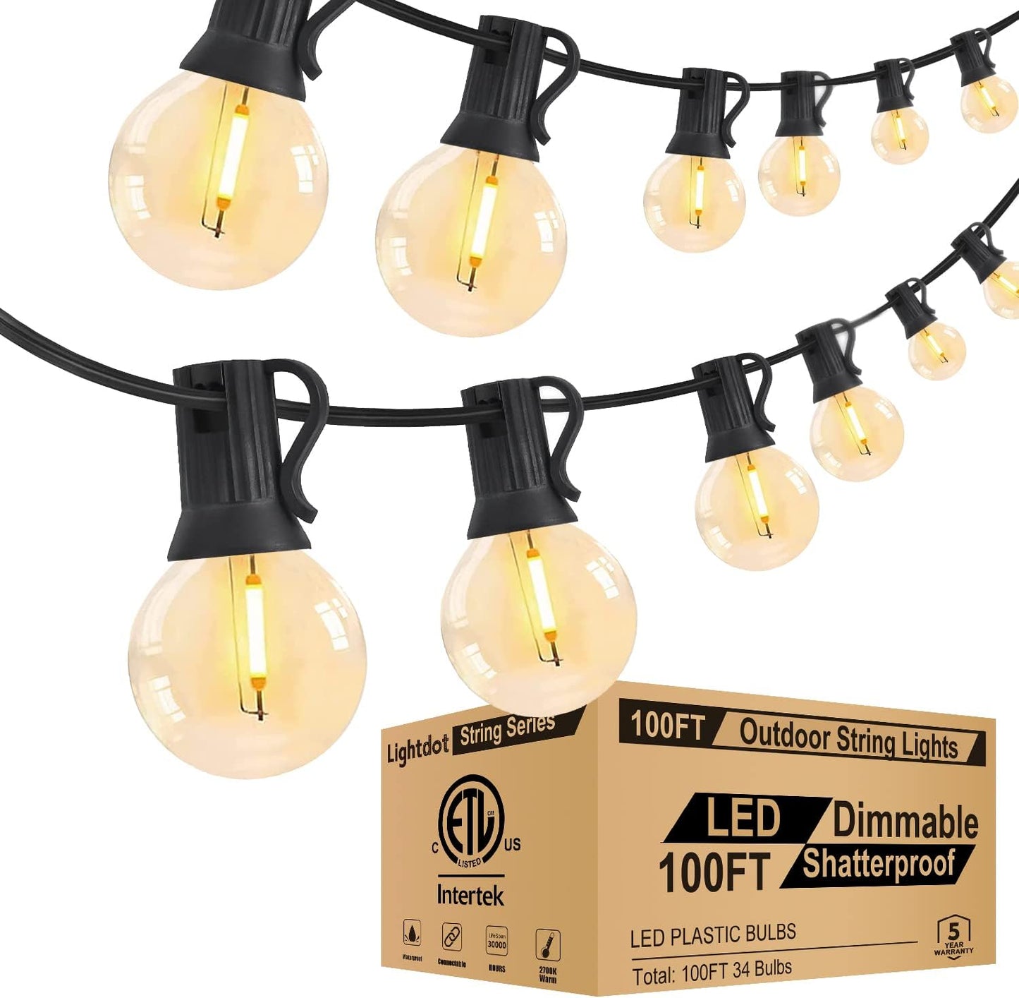 Lightdot 100FT Outdoor Led Patio Lights, ETL Listed Led String Lights with Shatterproof Edison Vitage Bulbs, Commercial Grade Hanging Light for Patio Cafe Bistro Backyard