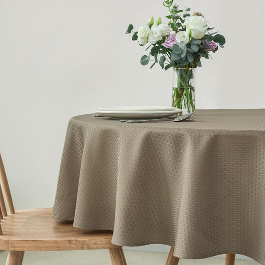 maxmill Round Weaved Texture Design Tablecloth Spill-Proof Wrinkle Free Soft Washable Table Cloth for Circular Table Cover, for Dining Room Buffet Banquet Parties Holiday Dinner, 70 Inch Brown