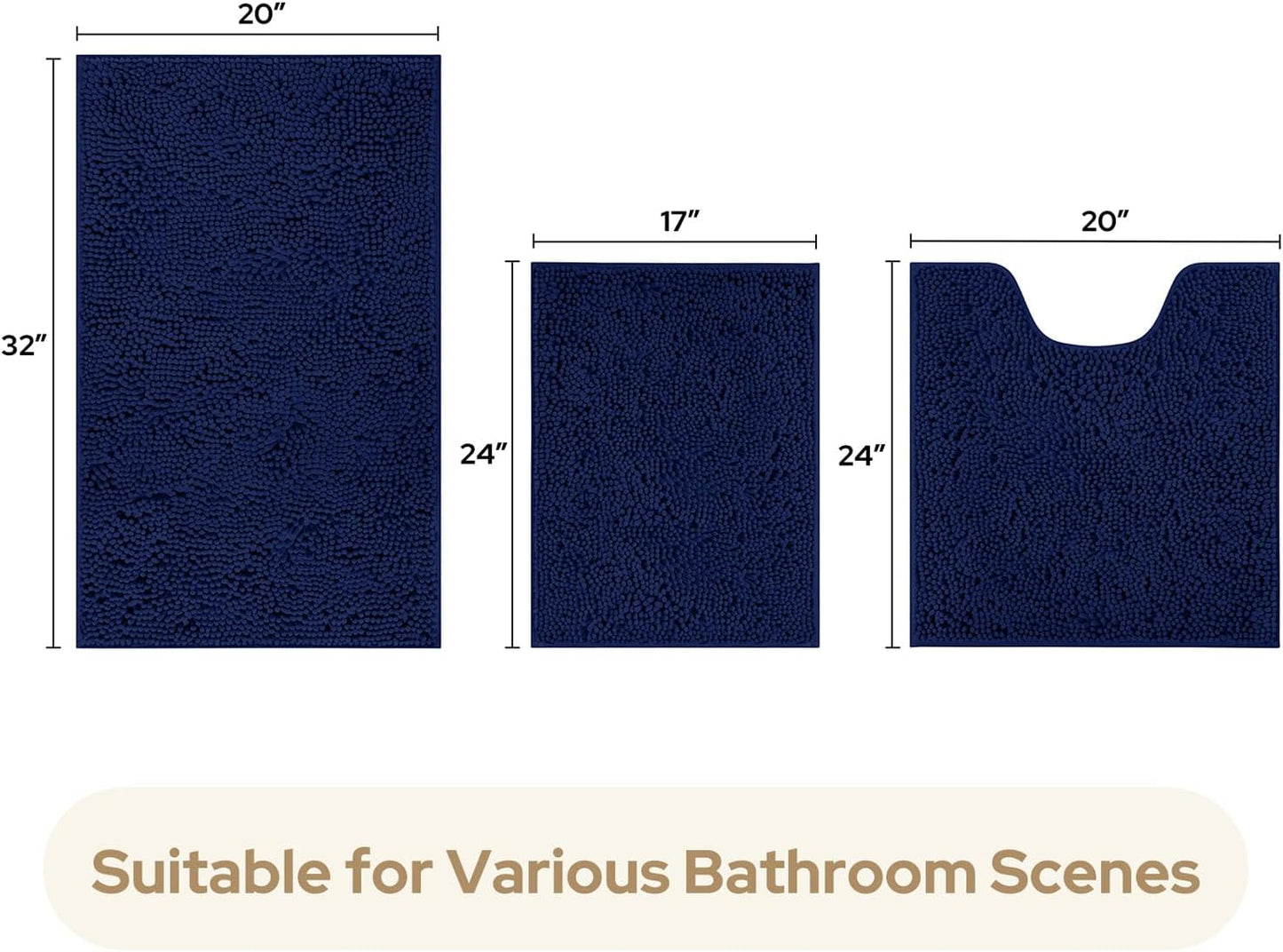 HOMEIDEAS 3 Pieces Bathroom Rugs, Ultra Soft Non Slip Absorbent Chenille Toilet Bath Mat Set (Navy Blue,17"x24"+20"x32"+U Shape 20"x24")