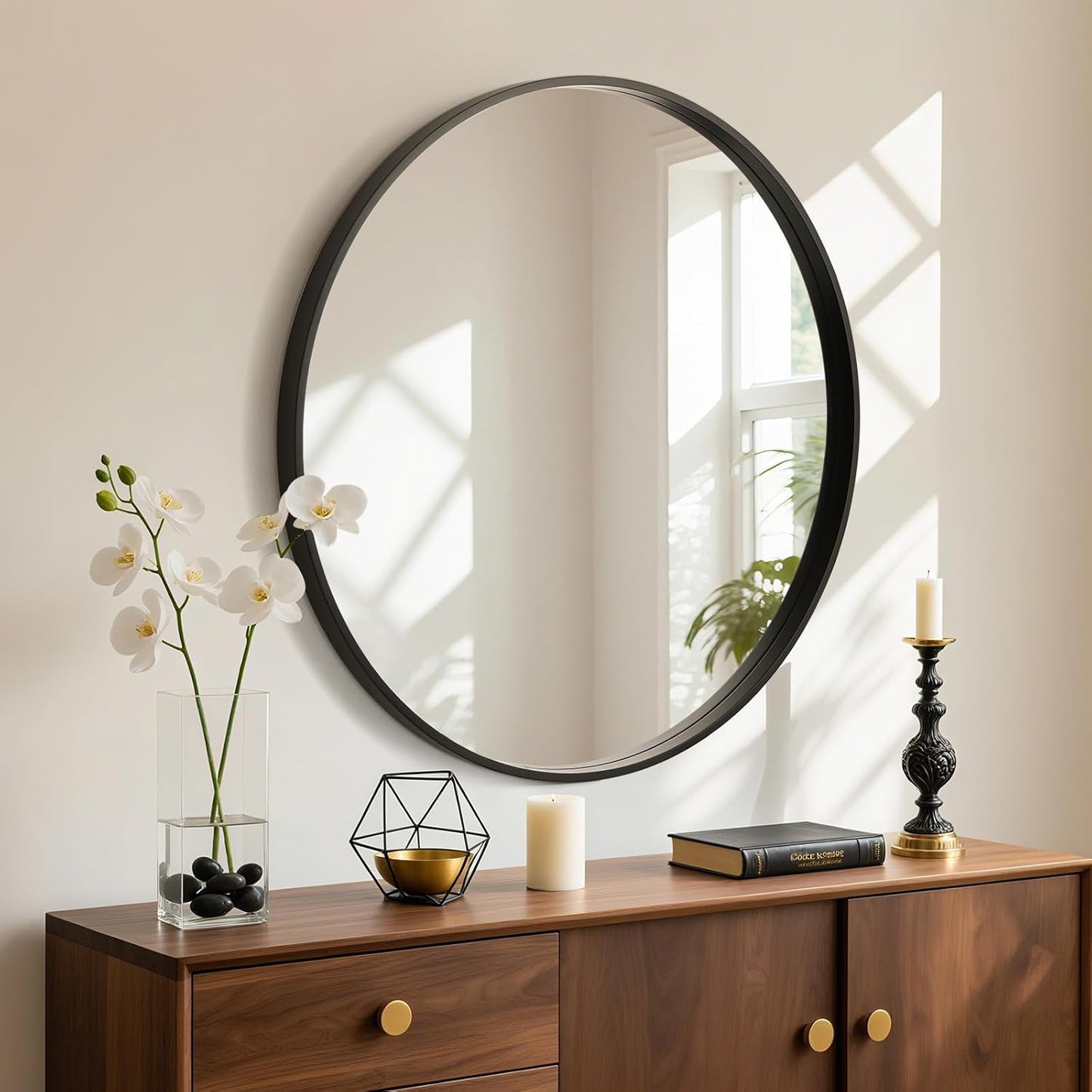 WallBeyond Round Wood Mirror, 32" Round Modern Decoration Large Circle Wall Mirror for Bathroom Living Room Bedroom Entryway, Black