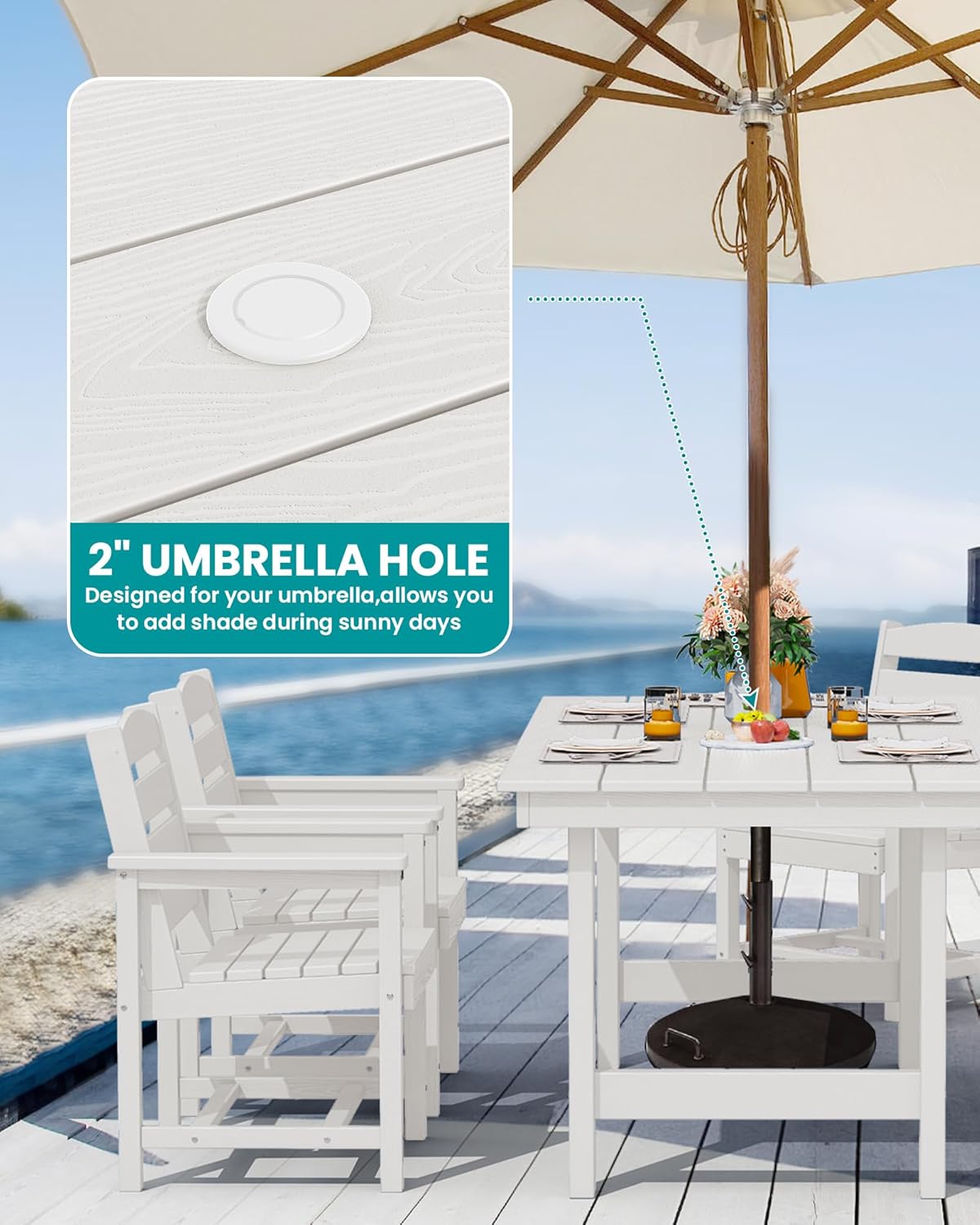 SERWALL Patio Table Set, Outdoor HDPE Dining Set with Umbrella Hole, 5-Piece - Table and 4 Chairs, All Weather for Lawn, Garden, Poolside, White