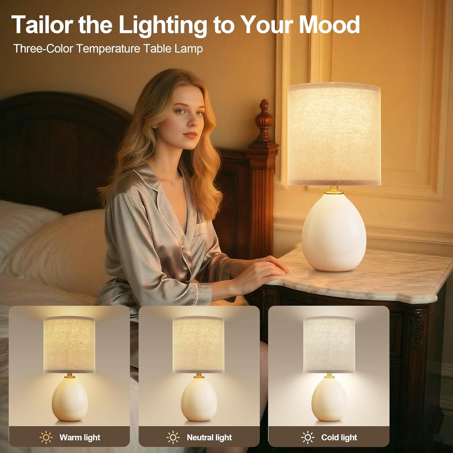 18.5" Table Lamp Set of 2 for Living Room Bedroom, Bedside Lamps for Night Stands, Desk Nightstand Lamp Dimmable, Modern Linen Cream Ceramic Lamps