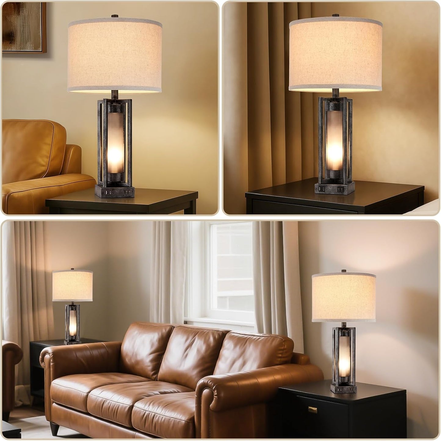 RORIANO Set of 2 Industrial Table Lamps for Living Room with USB C+A, Vintage End Table Lamp for Bedroom with Gray Nightlight, Farmhouse Rustic Desk Lamp for Bedside, 4 Bulbs Included (Iron Gray)