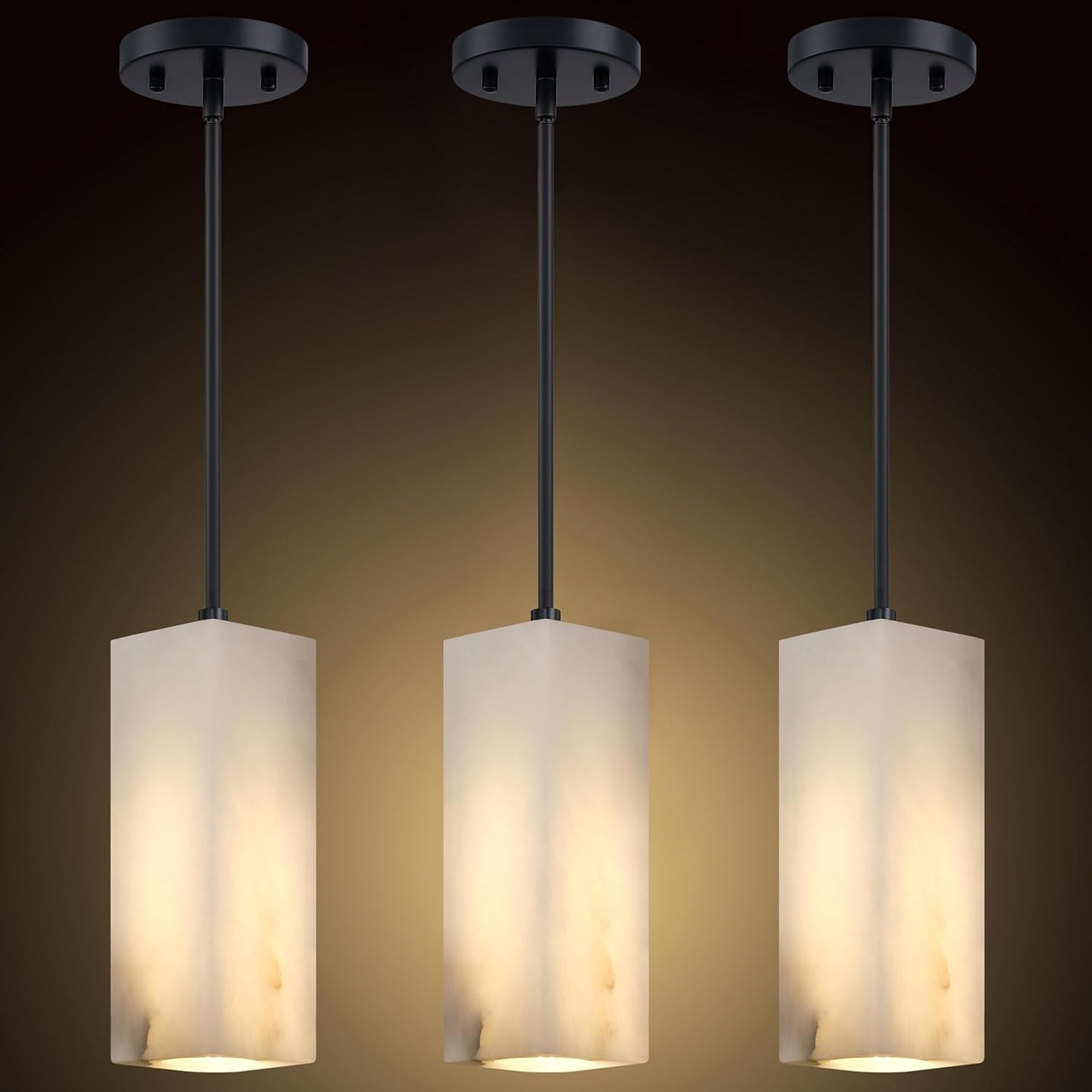 1 Light Modern Industrial Farmhouse Hanging Kitchen Island Pendant Ceiling Light Fixture,Square Natural Alabaster Marble Black Finish Over Sink Restaurant bar Corridor