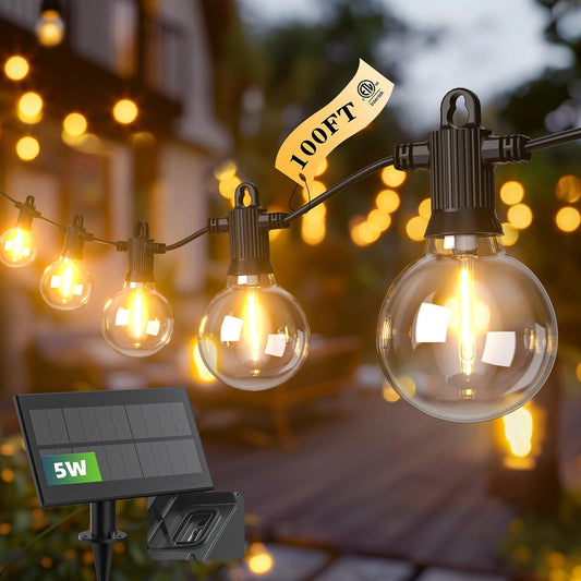 Kawaya Solar Powered String Lights for Outside, Outdoor IP65 Waterproof LED Patio Light with USB-Charging, Shatterproof Edison Hanging Lights for Bistro Yard Cafe Porch Camping (Solar-Power 100FT)