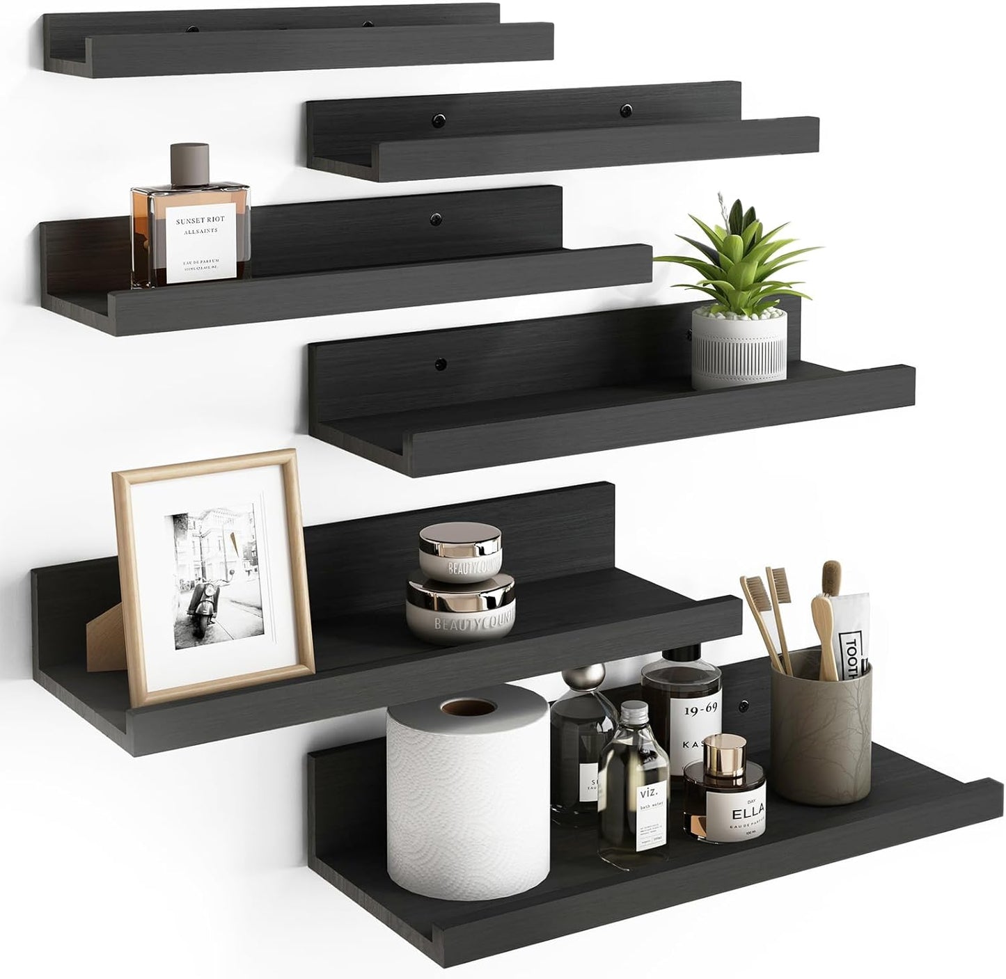 Fixwal Floating Shelves, 6 Sets of Wall Mounted Shelves for Home Decor, Modern Picture Ledge Shelves for Living Room, Bedroom, Bathroom, Kitchen (Black)