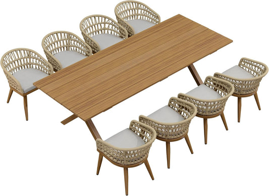 PURPLE LEAF Outdoor Dining Set All-Weather PE Rattan Outdoor Patio Furniture Set with All Aluminum Frame Rectangular Table and Chairs 9 Pieces Set for Lawn Garden Backyard Deck, Teak