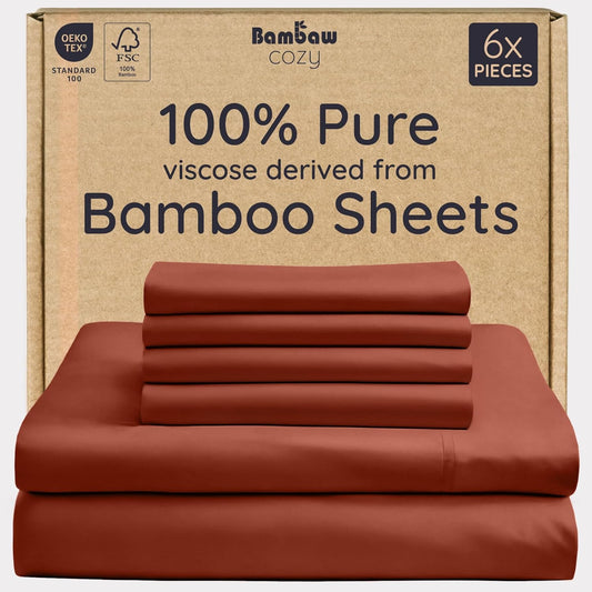 Bambaw 100% Viscose Derived from Bamboo Sheets King Size – 6pcs King Cooling Sheet Set, Luxury Sheets Deep Pocket, Fits Up to 16'' Mattresses, Super Soft Bedding Set (Terracotta)