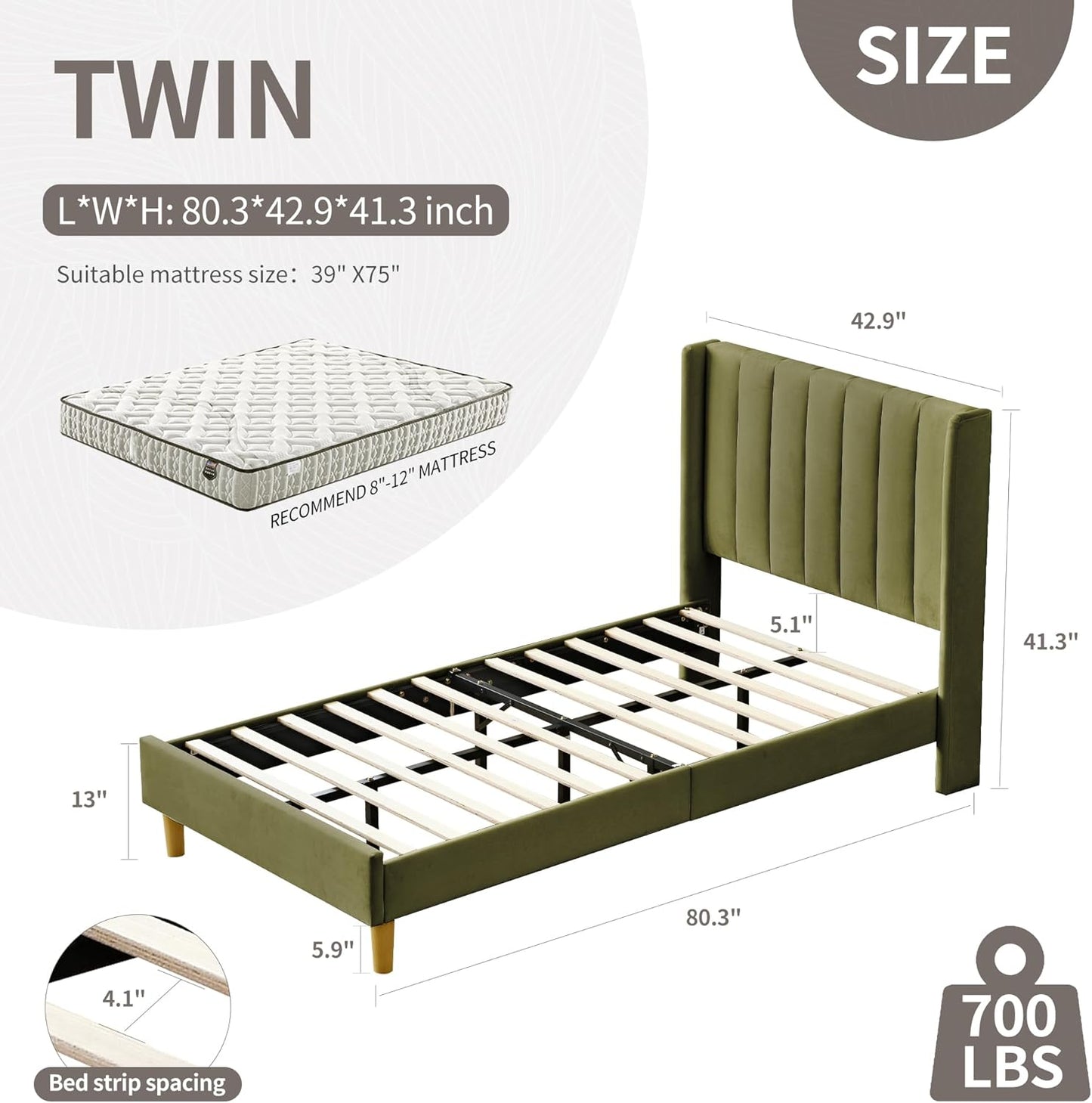 YUHUASHI upholstered Platform Bed Frame/Twin Bed Frame/Modern Geometric Double-Wing Design headboard/Velvet Fabric/Easy to Assemble no Noise (Grass Green, Twin)