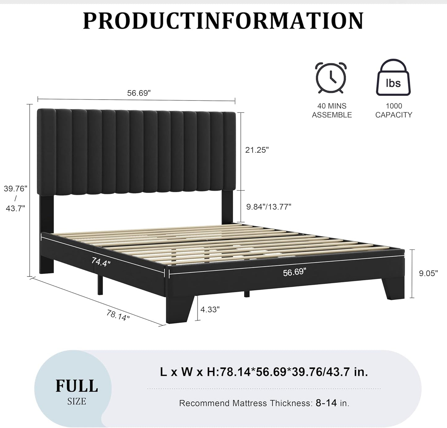 Full Size Bed Frame with Adjustable Tufted Headboard – Velvet Upholstered Platform Bed, Sturdy Frame & Slats, No Box Spring Needed, Noise-Free, Easy Assembly (Black, Full)