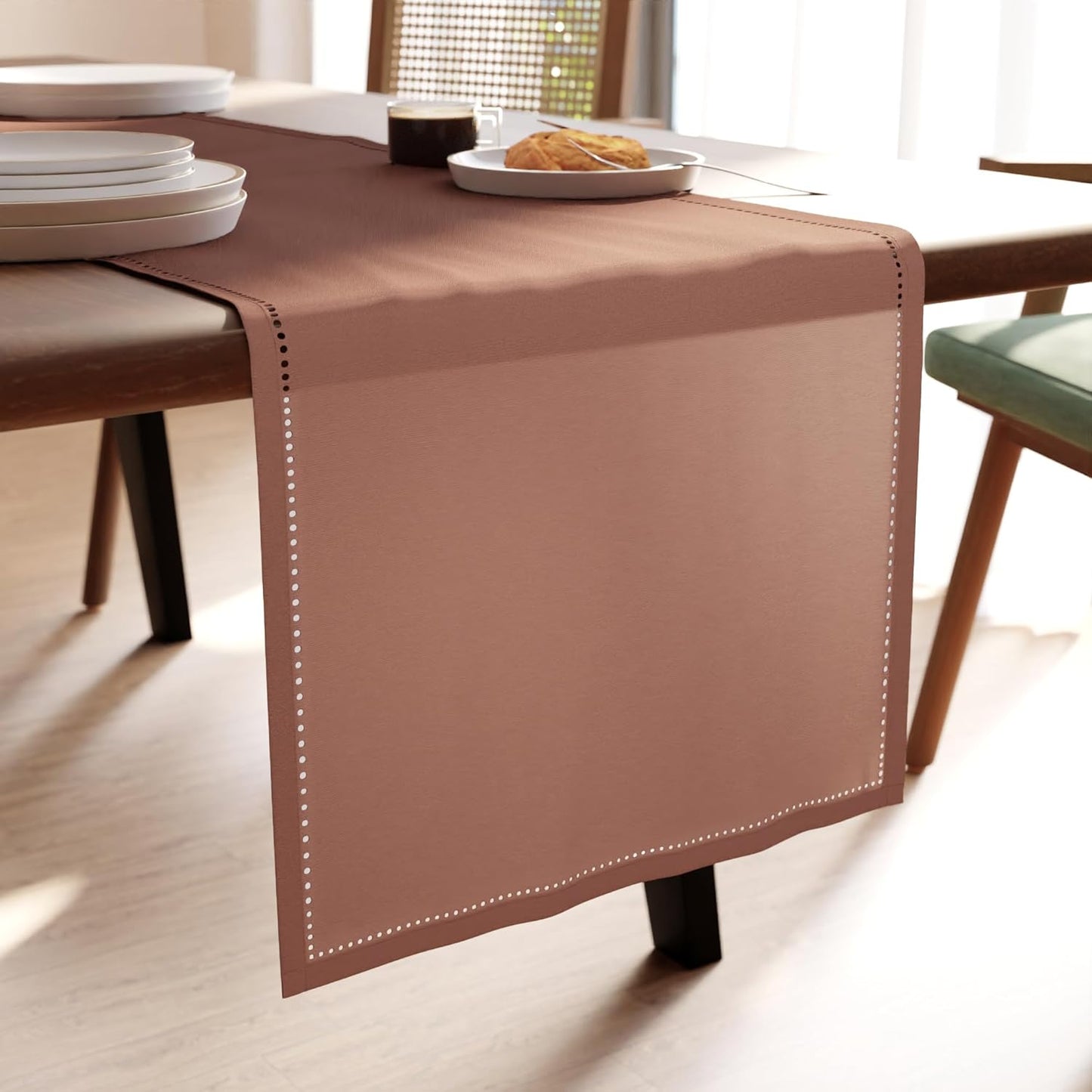 Encasa XO Dining Table Runner 13"x59" | Pure Cotton Hemstitched Design | Tan - Machine Washable