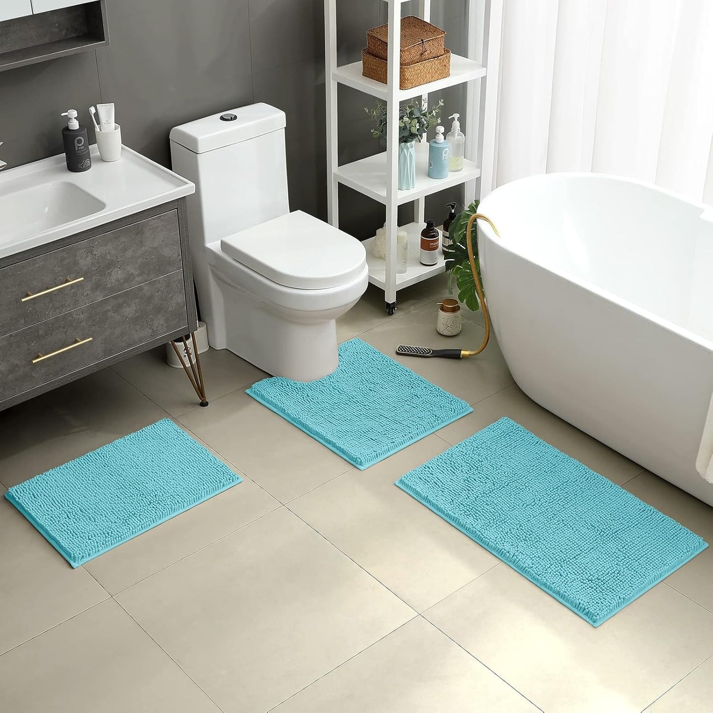HOMEIDEAS 3 Pieces Bathroom Rugs, Ultra Soft Non Slip Absorbent Chenille Toilet Bath Mat Set (Aqua Blue,17"x24"+20"x32"+U Shape 20"x24")