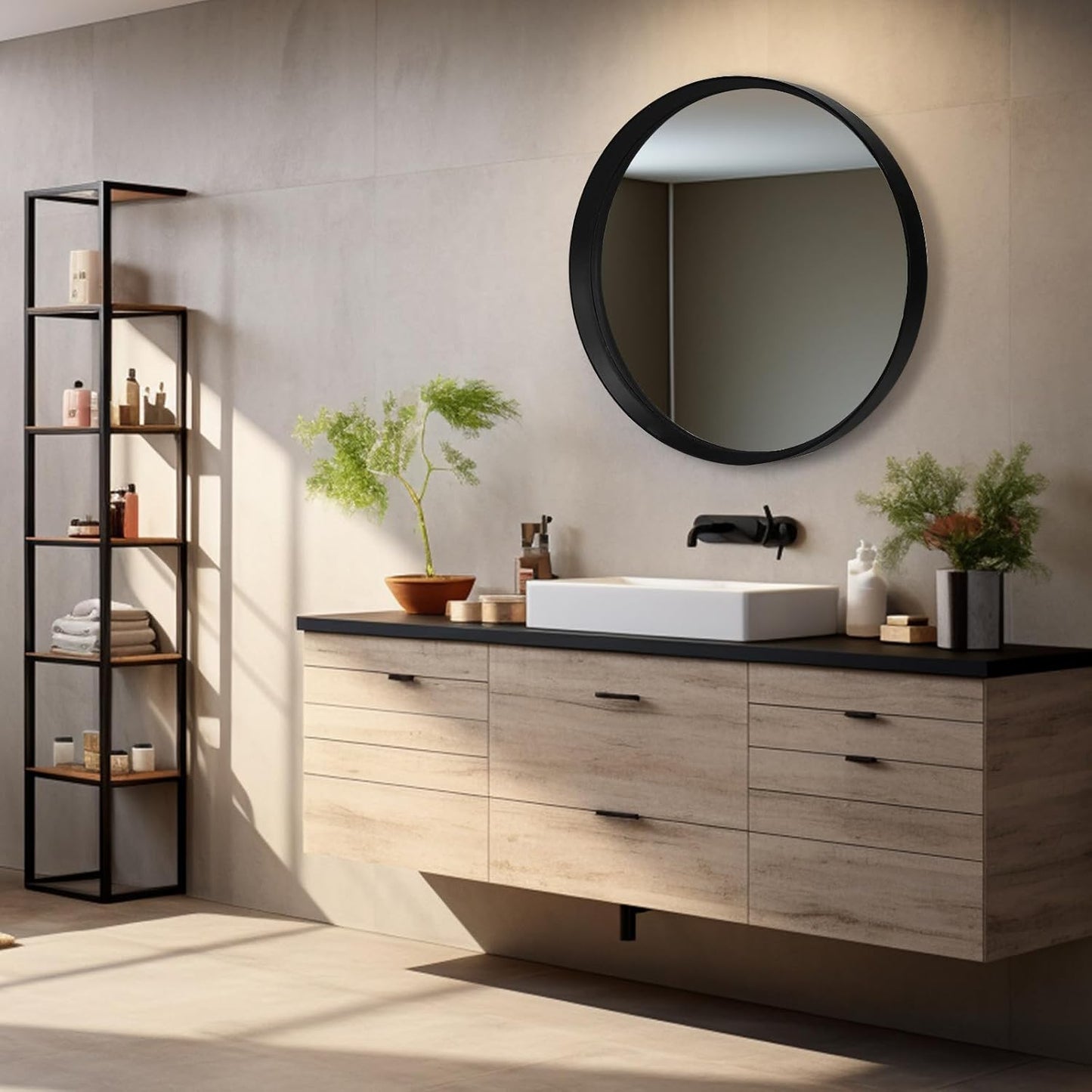 Round Black Wood Mirror, 28 Inch - Large Wall Circle Mirror for Bathroom or Nursery Decor