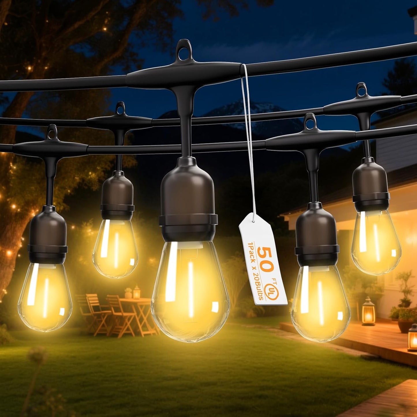 Outdoor Safety String Lights 50FT - Commercial Grade Low Voltage Strand with 20 S14 Shatterproof Bulbs for Tree Garden Yard bistro Cafe | Warm Yellow 3500K Party Lights | IP65 Waterproof | UL Listed