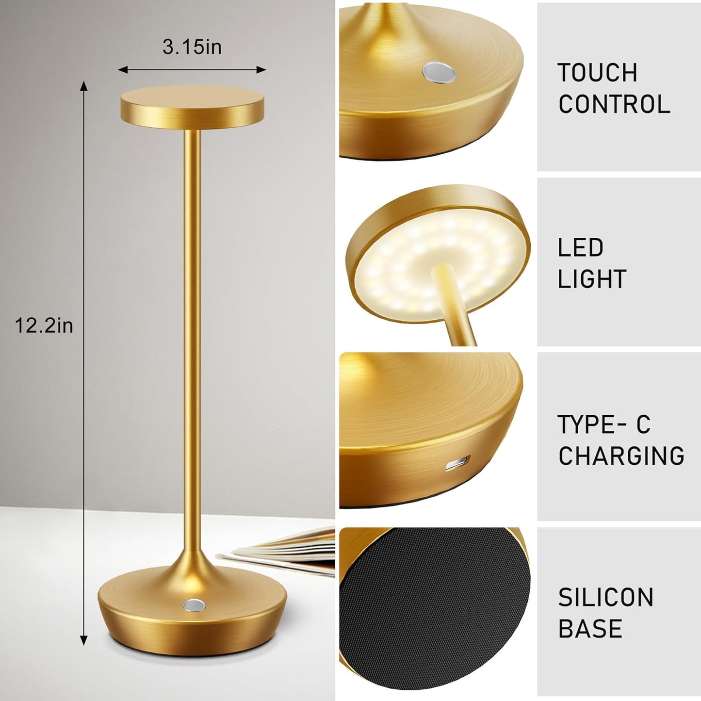 Rechargeable Table Lamp Cordless - 6000mAh Battery Operated LED Table Light - Portable Touch Dimmable Outdoor Waterproof Table Lamps for Patio Restaurant Dining (2 Gold)