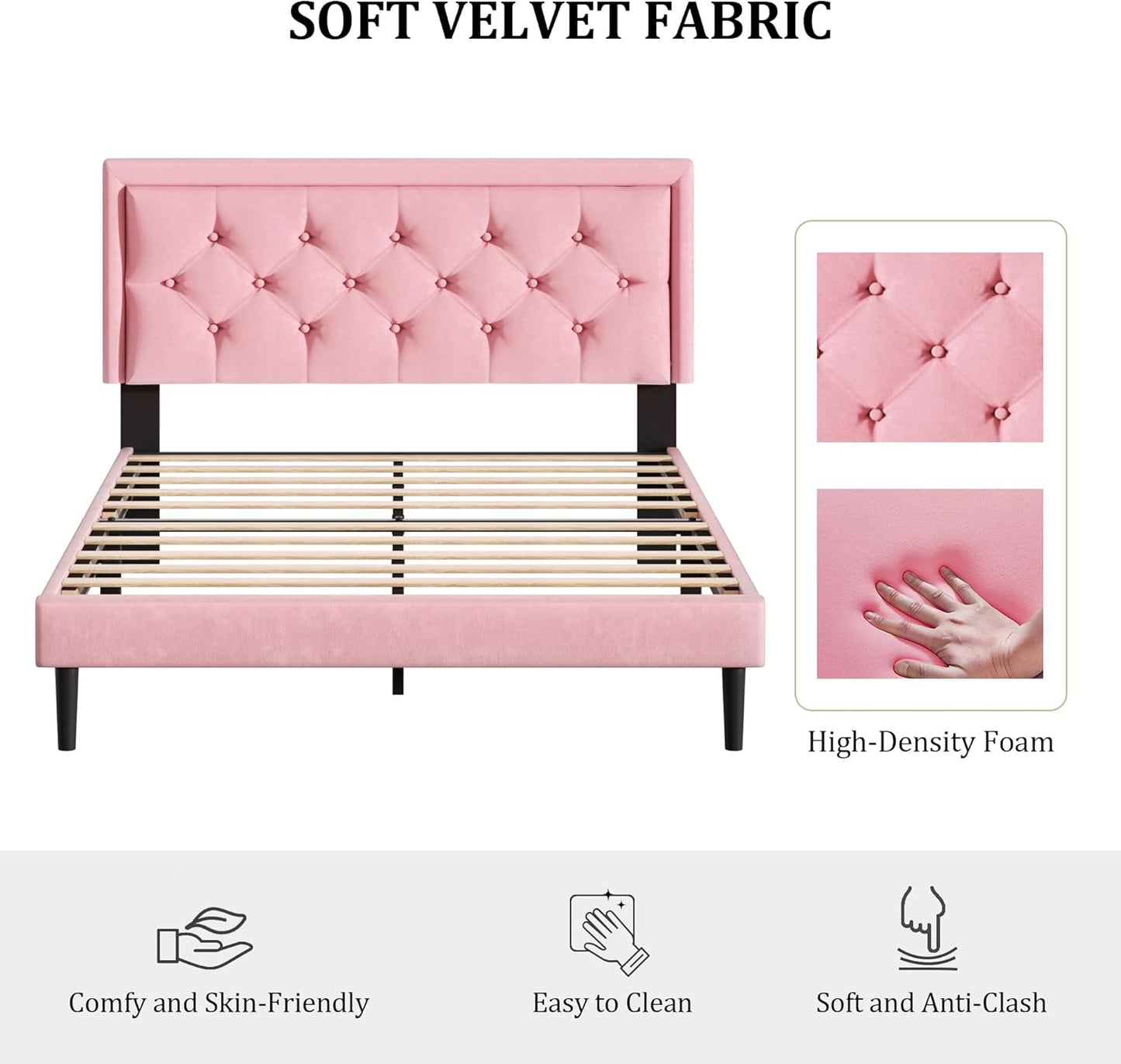 Queen Size Platform Bed Frame with Upholstered Velvet Button Tufted Headboard, Mattress Foundation with Wooden Slat Support, No Box Spring Needed, Easy Assembly, Noise Free, Pink